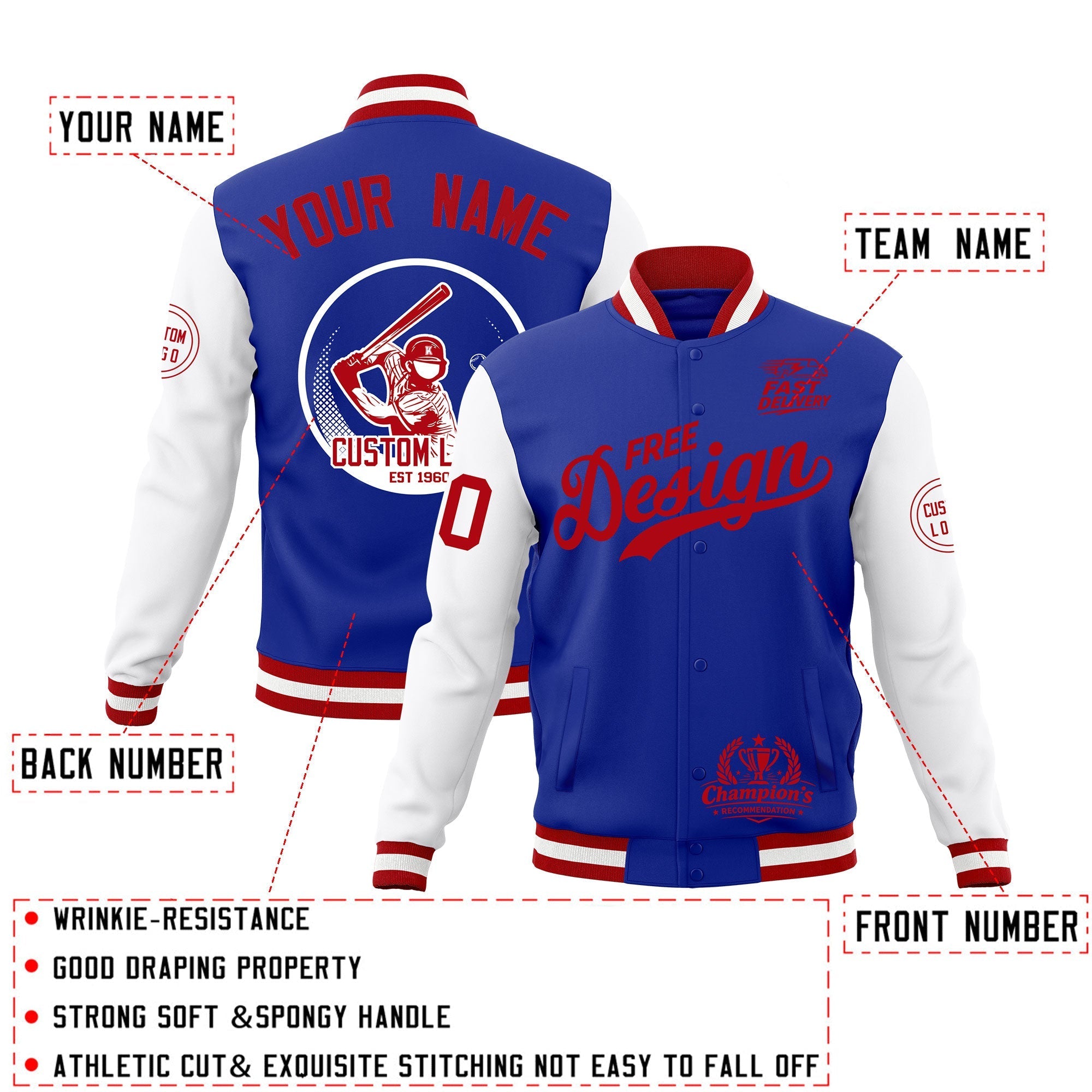 Custom Royal Blue Red White Classic Style Full-Snap Breathable Jacket| KXKSHOP