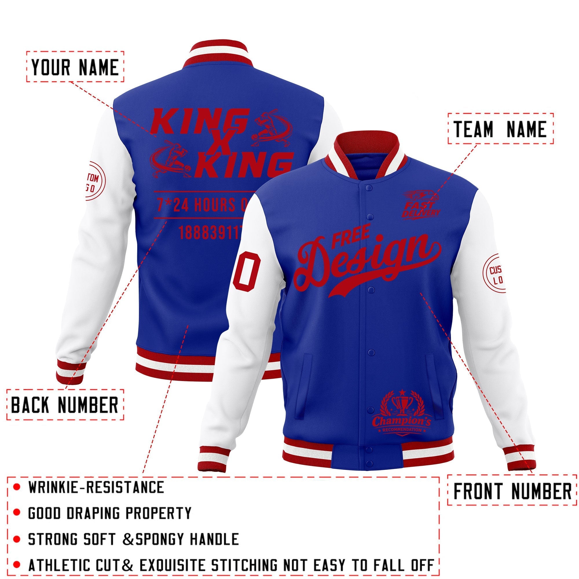 Custom Royal Blue Red White Classic Style Full-Snap Wrinkle-Resistant Jacket| KXKSHOP