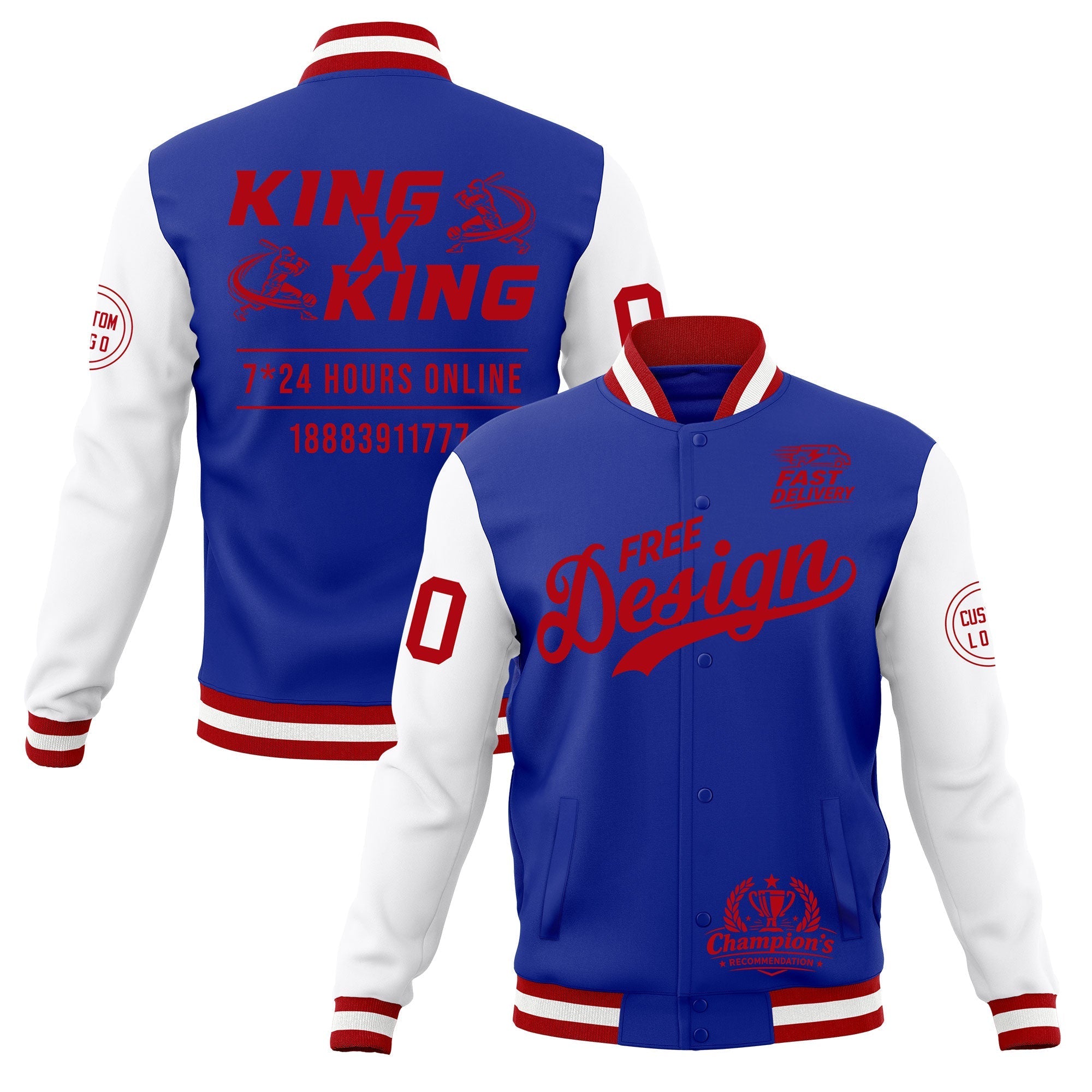 Custom Royal Blue Red White Classic Style Full-Snap Wrinkle-Resistant Jacket| KXKSHOP