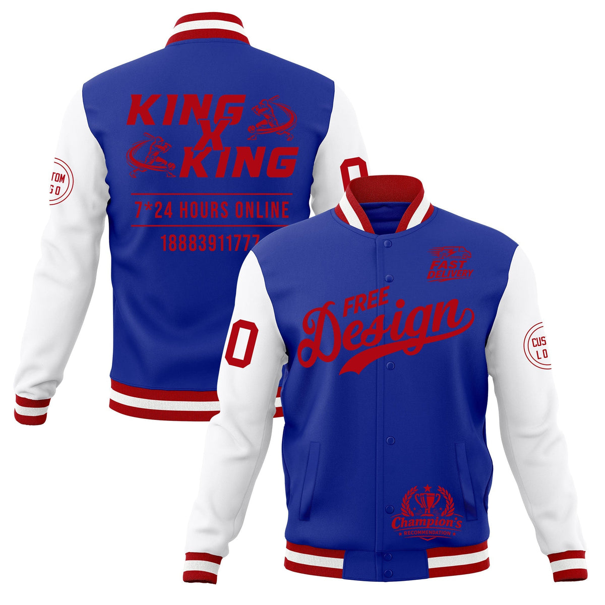 Custom Royal Blue Red White Classic Style Full-Snap Wrinkle-Resistant Jacket| KXKSHOP