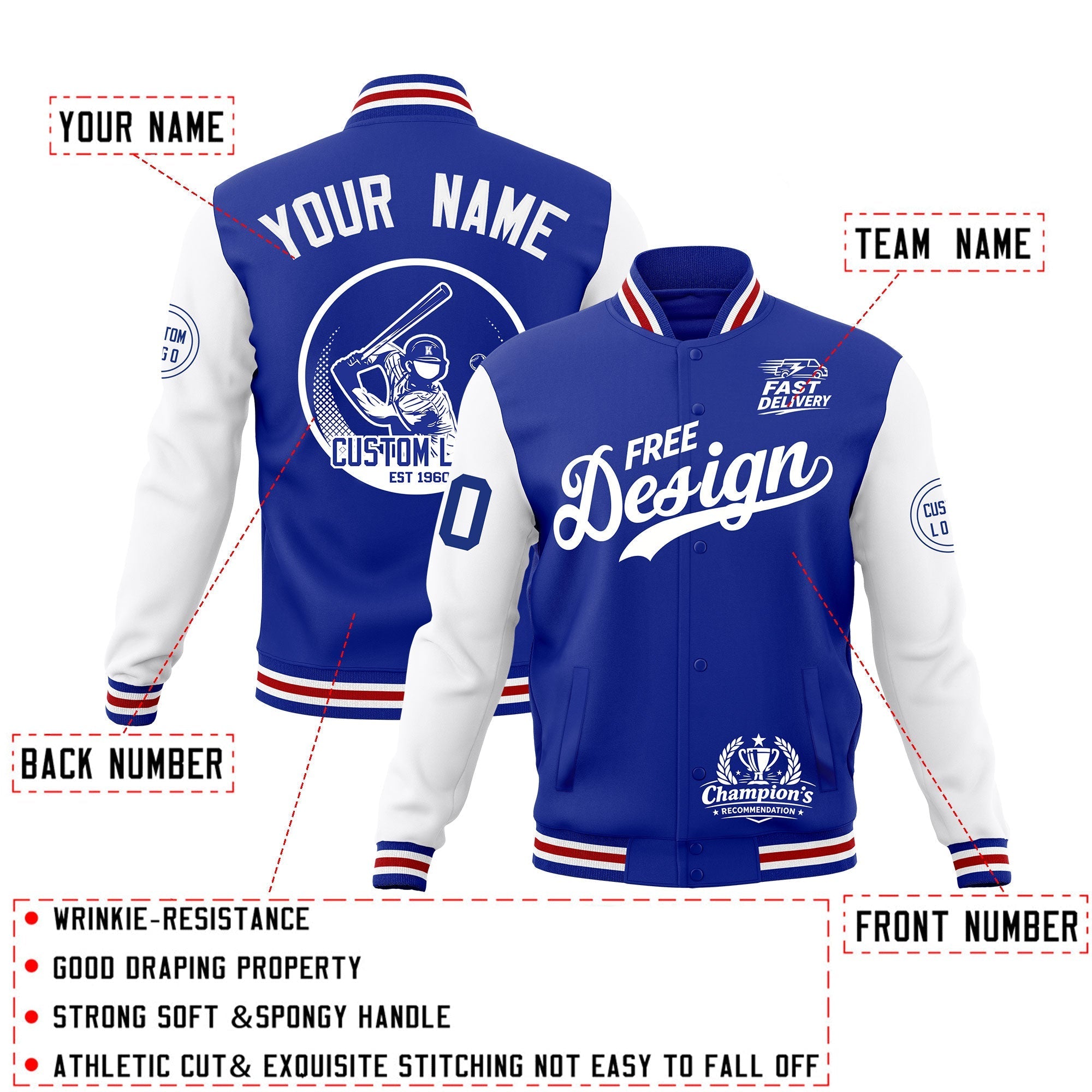 Custom Royal Blue White Red Classic Style Full-Snap Breathable Jacket| KXKSHOP