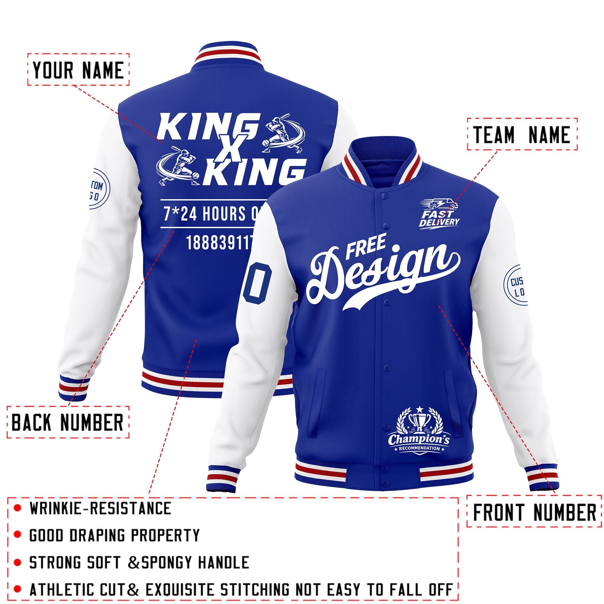 Custom Royal Blue White Red Classic Style Full-Snap Wrinkle-Resistant Jacket| KXKSHOP