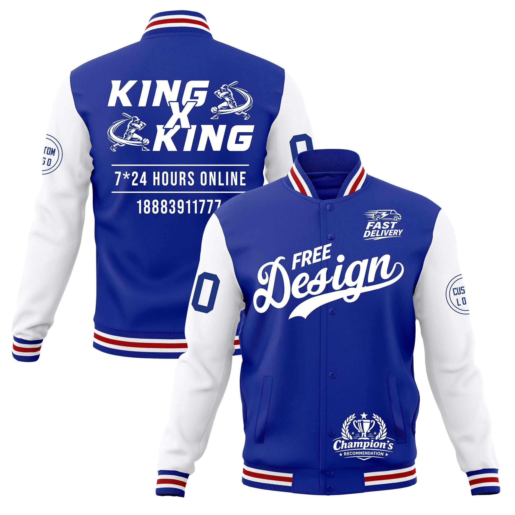 Custom Royal Blue White Red Classic Style Full-Snap Wrinkle-Resistant Jacket| KXKSHOP