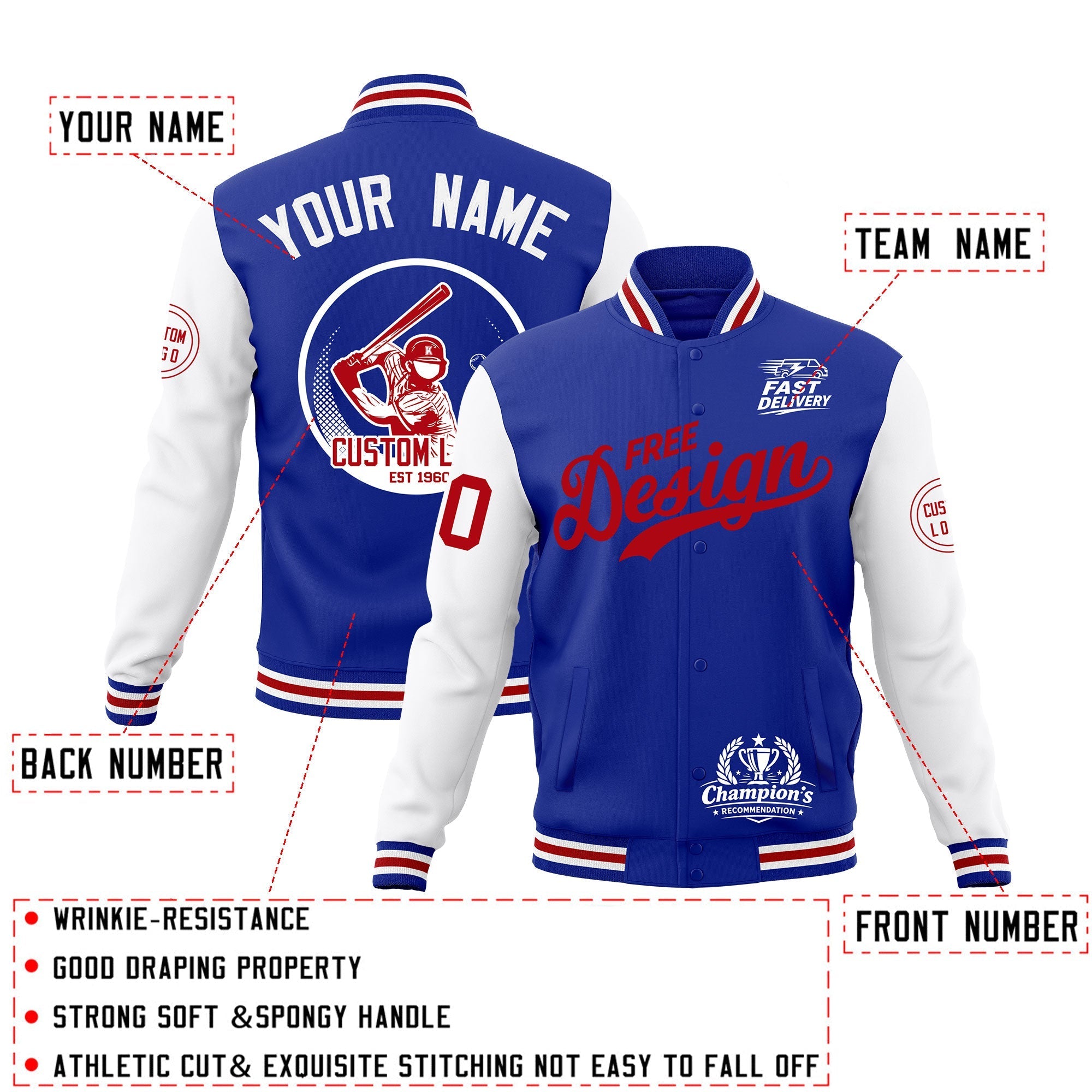 Custom Royal Blue White Red Classic Style Full-Snap Breathable Jacket| KXKSHOP