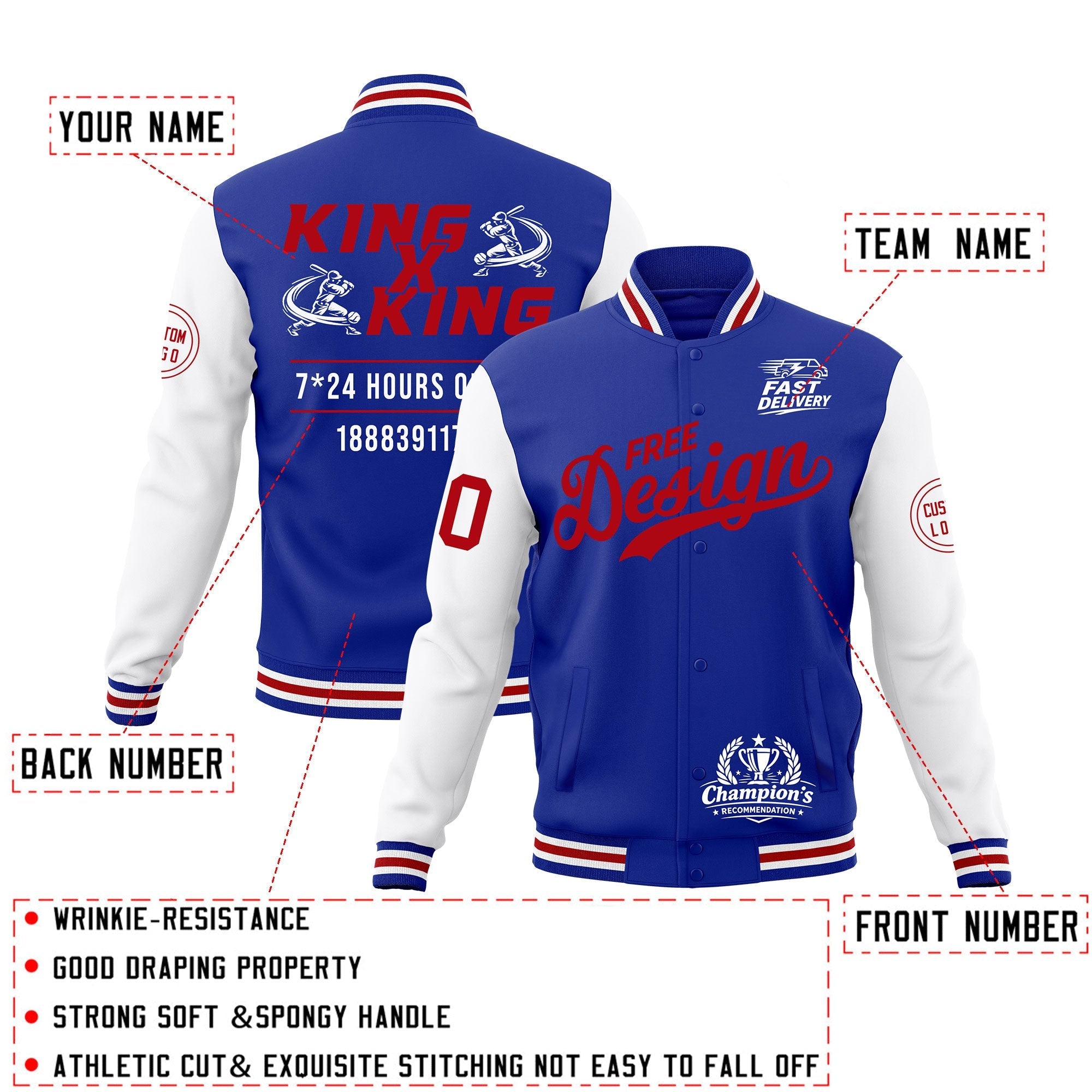 Custom Royal Blue White Red Classic Style Full-Snap Wrinkle-Resistant Jacket| KXKSHOP