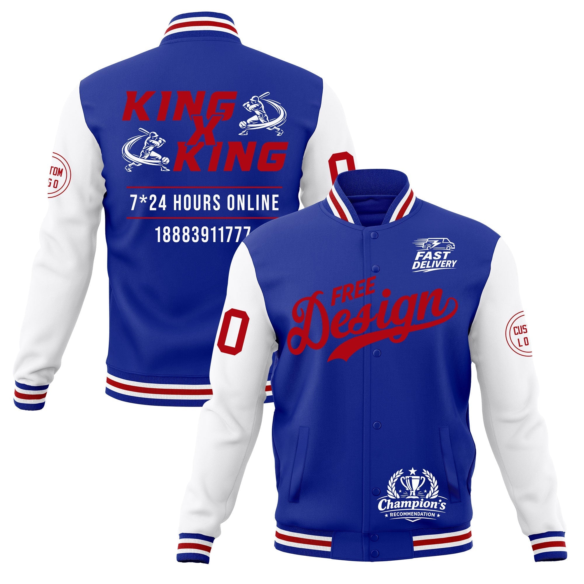 Custom Royal Blue White Red Classic Style Full-Snap Wrinkle-Resistant Jacket| KXKSHOP
