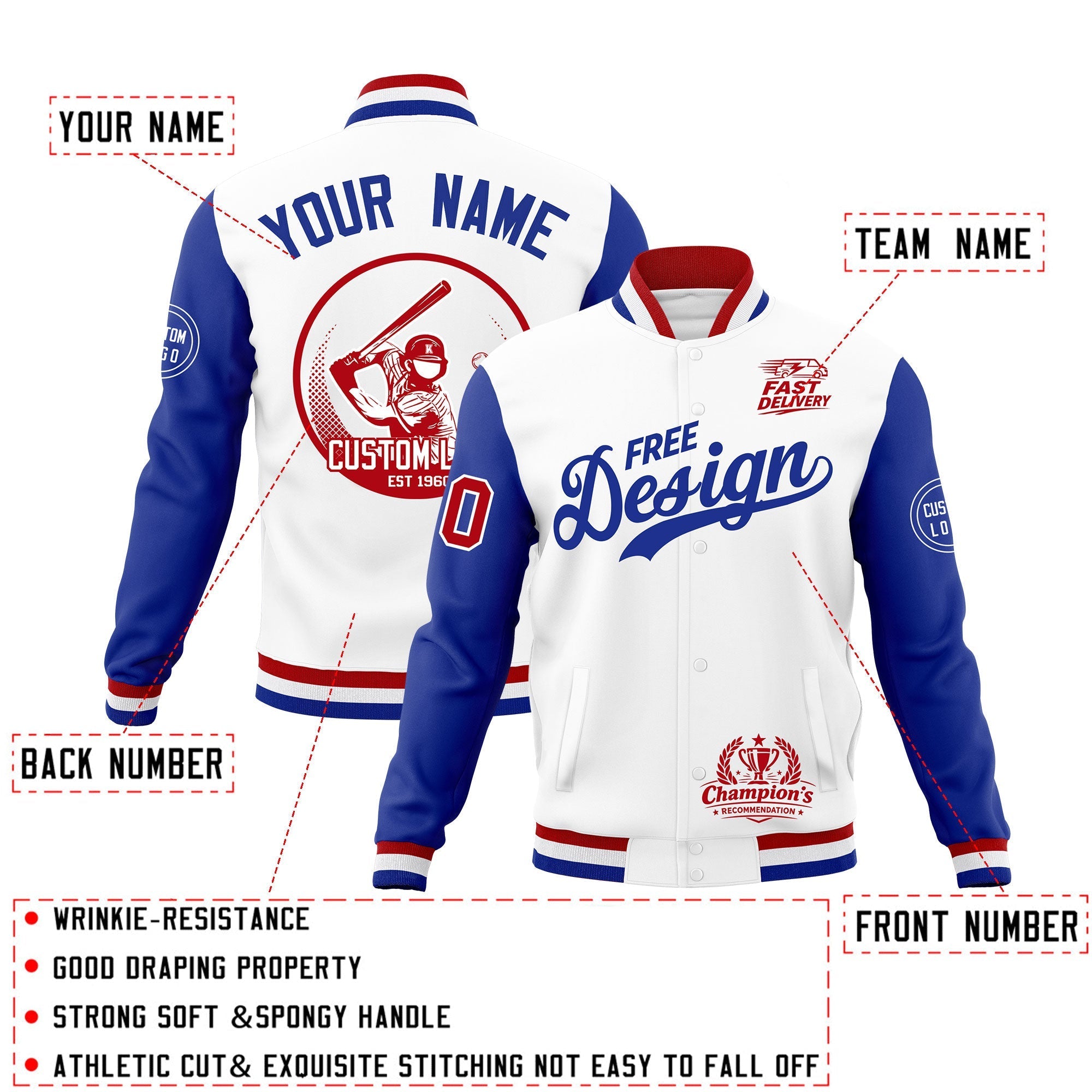 Custom White Red Royal Blue Classic Style Full-Snap Breathable Jacket| KXKSHOP