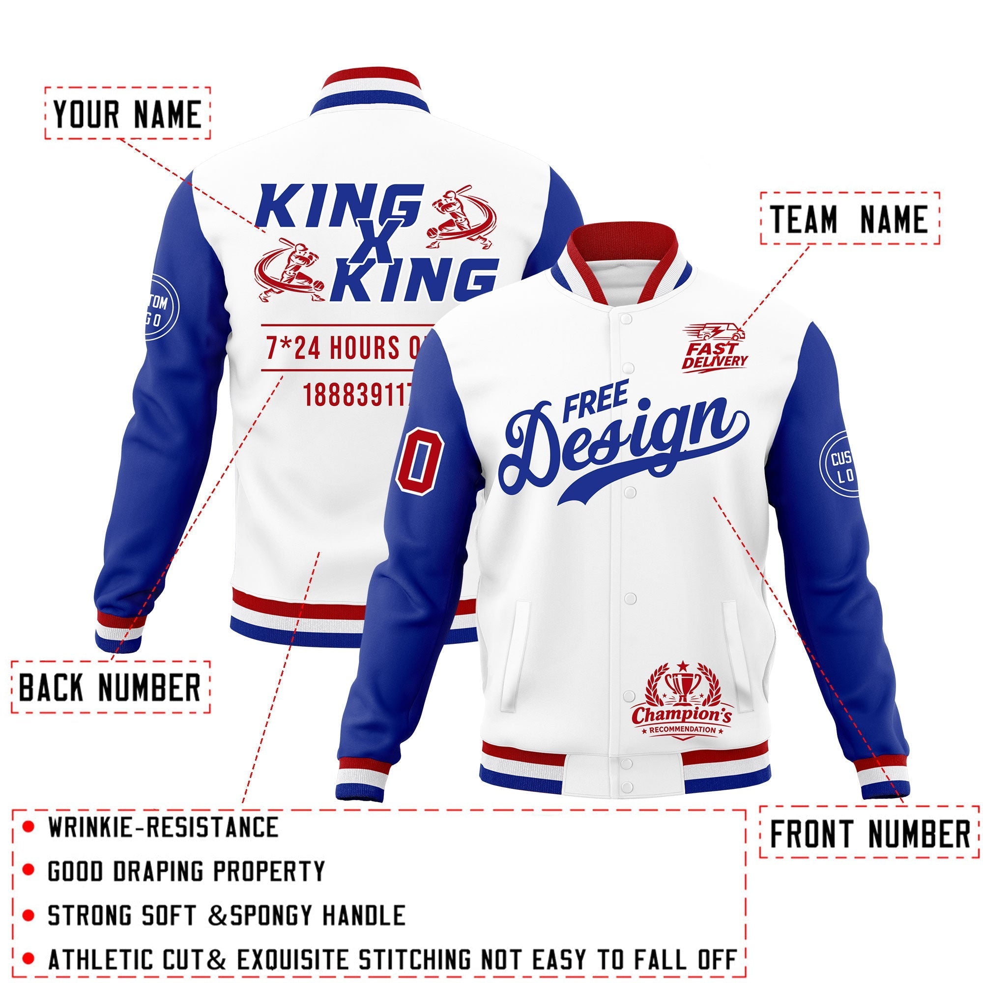 Custom White Red Royal Blue Classic Style Full-Snap Wrinkle-Resistant Jacket| KXKSHOP