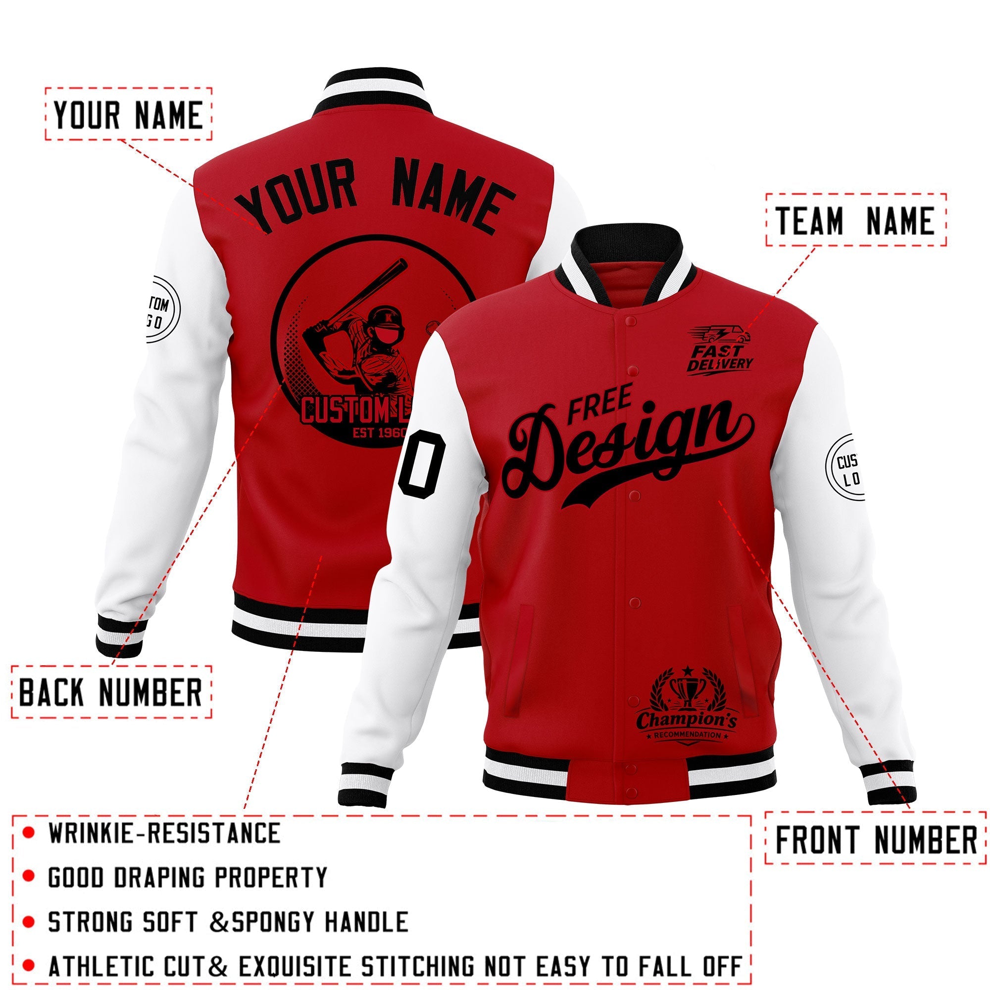 Custom Red Black White Classic Style Full-Snap Breathable Jacket| KXKSHOP