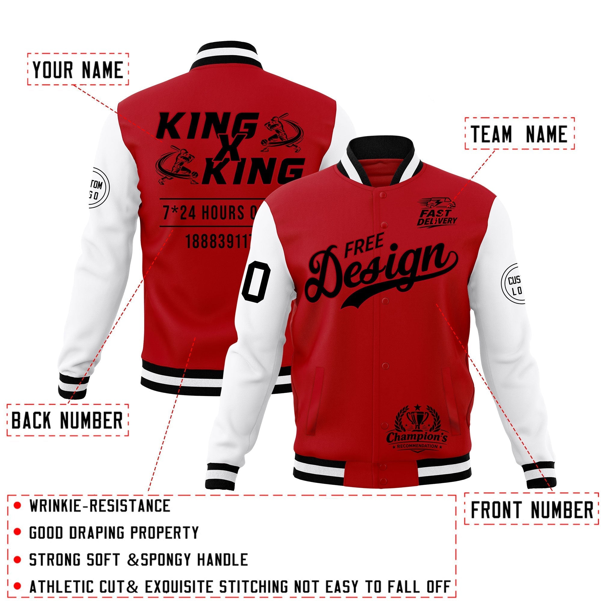 Custom Red Black White Classic Style Full-Snap Wrinkle-Resistant Jacket| KXKSHOP