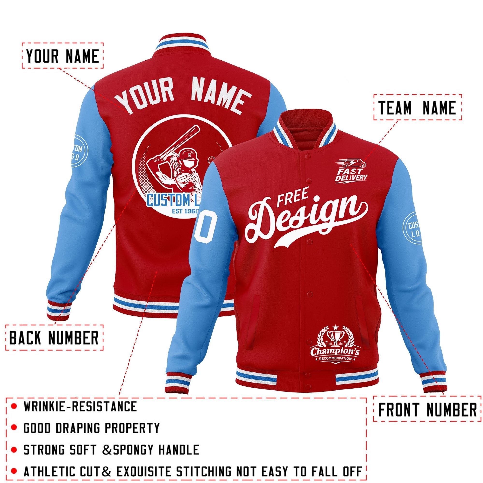 Custom Red White Light Blue Classic Style Full-Snap Breathable Jacket| KXKSHOP