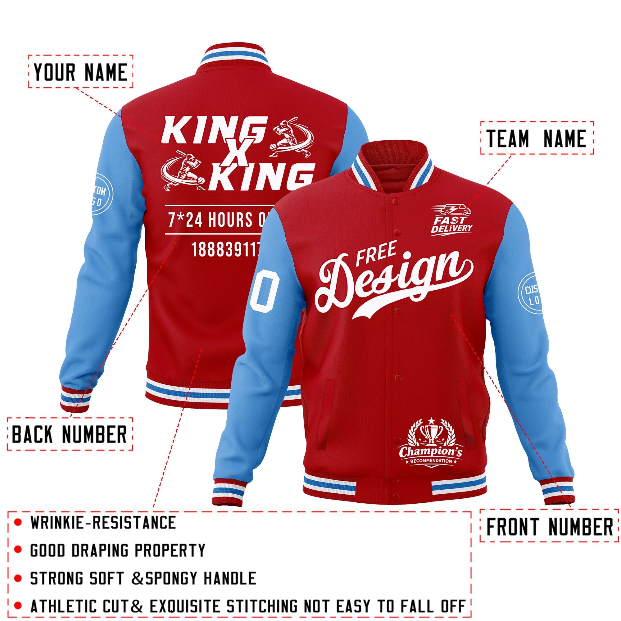 Custom Red White Light Blue Classic Style Full-Snap Wrinkle-Resistant Jacket| KXKSHOP