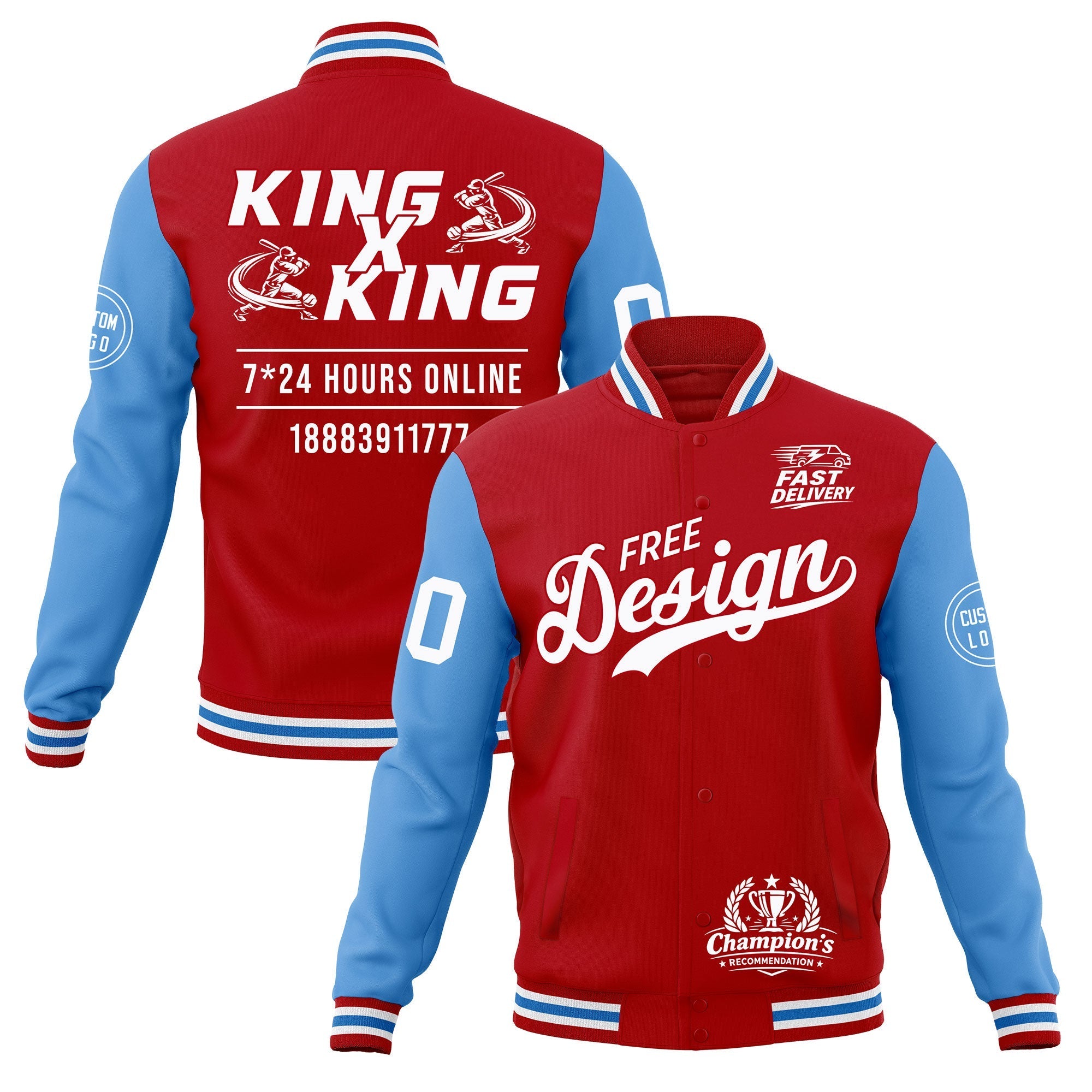 Custom Red White Light Blue Classic Style Full-Snap Wrinkle-Resistant Jacket| KXKSHOP
