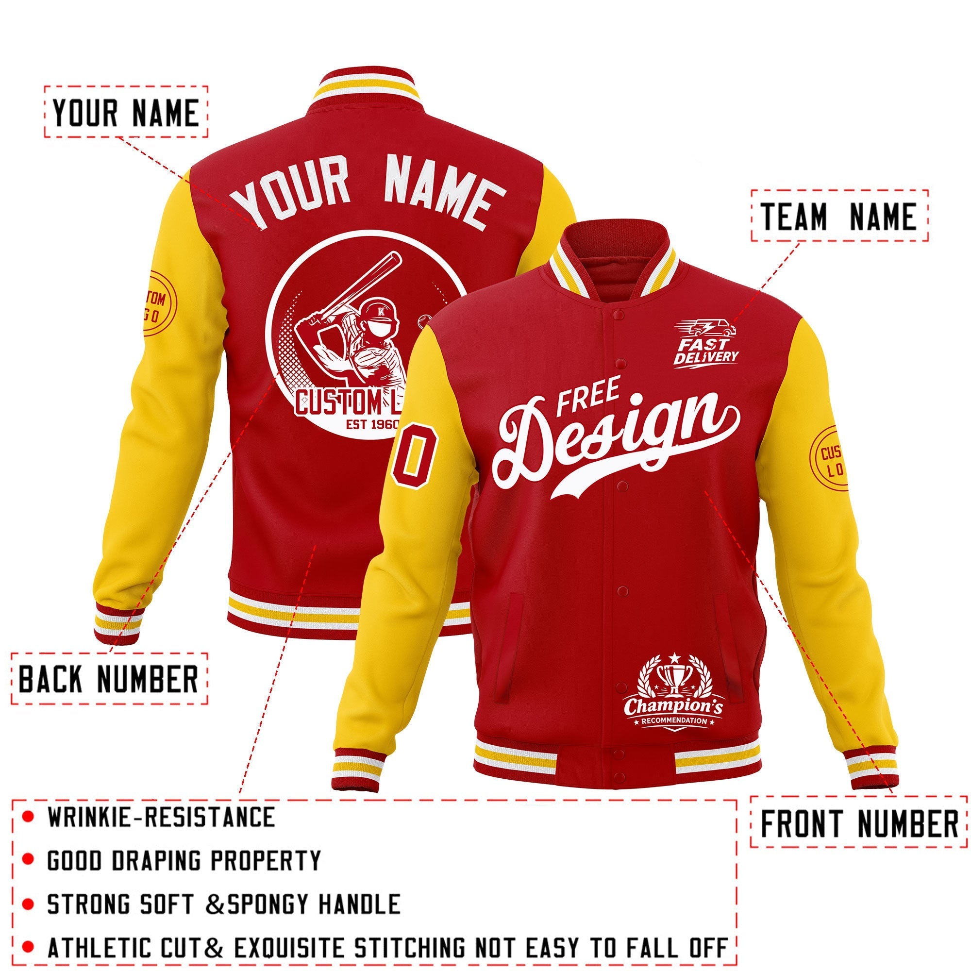 Custom Red White Gold Classic Style Full-Snap Breathable Jacket| KXKSHOP