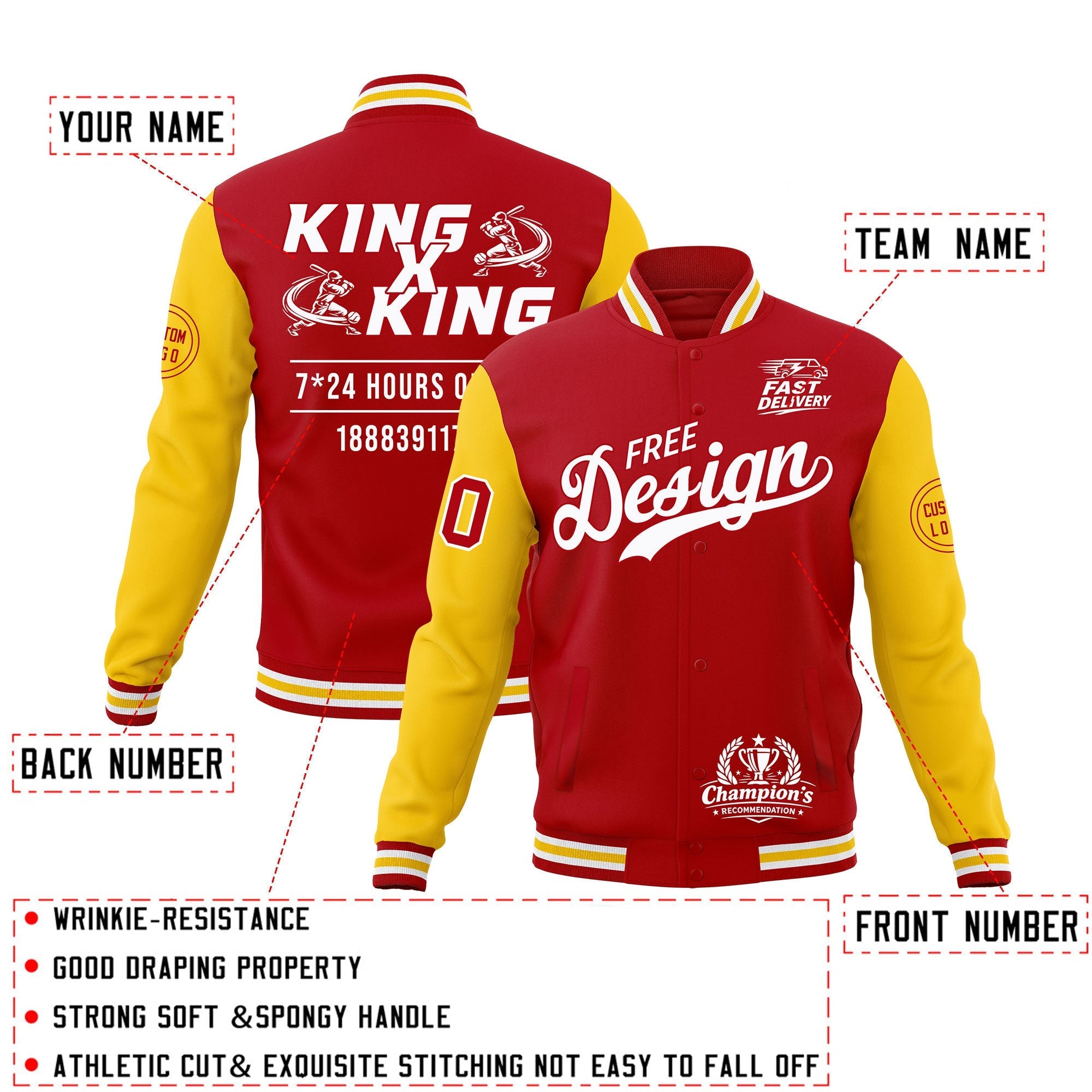Custom Red White Gold Classic Style Full-Snap Wrinkle-Resistant Jacket| KXKSHOP