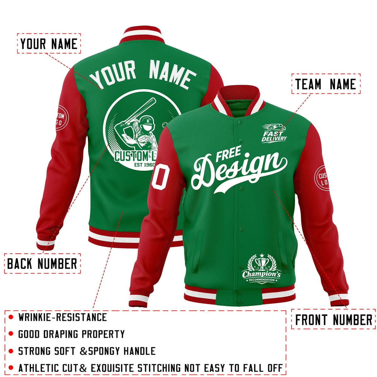 Custom Kelly Green Red White Classic Style Full-Snap Breathable Jacket| KXKSHOP