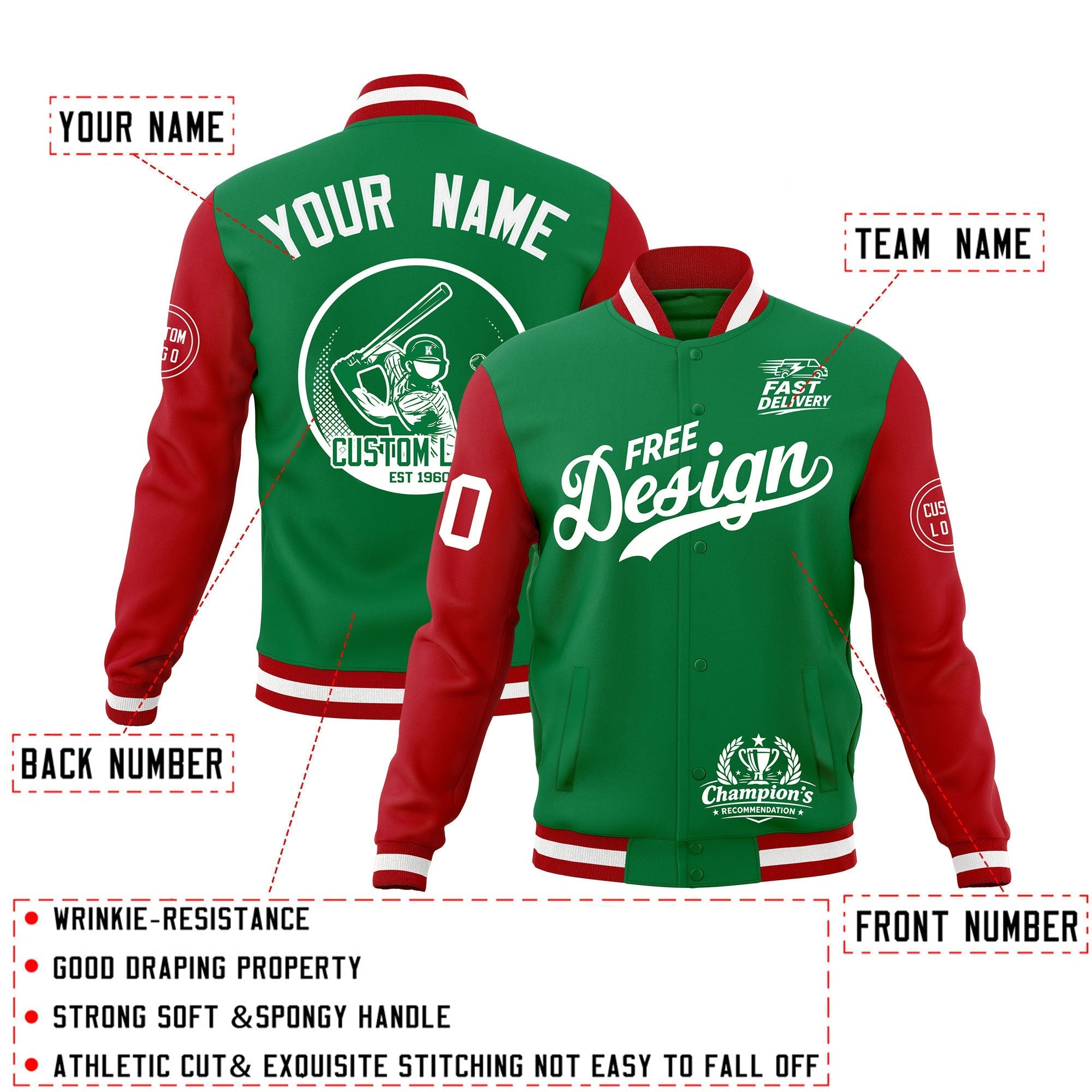 Custom Kelly Green Red White Classic Style Full-Snap Breathable Jacket| KXKSHOP