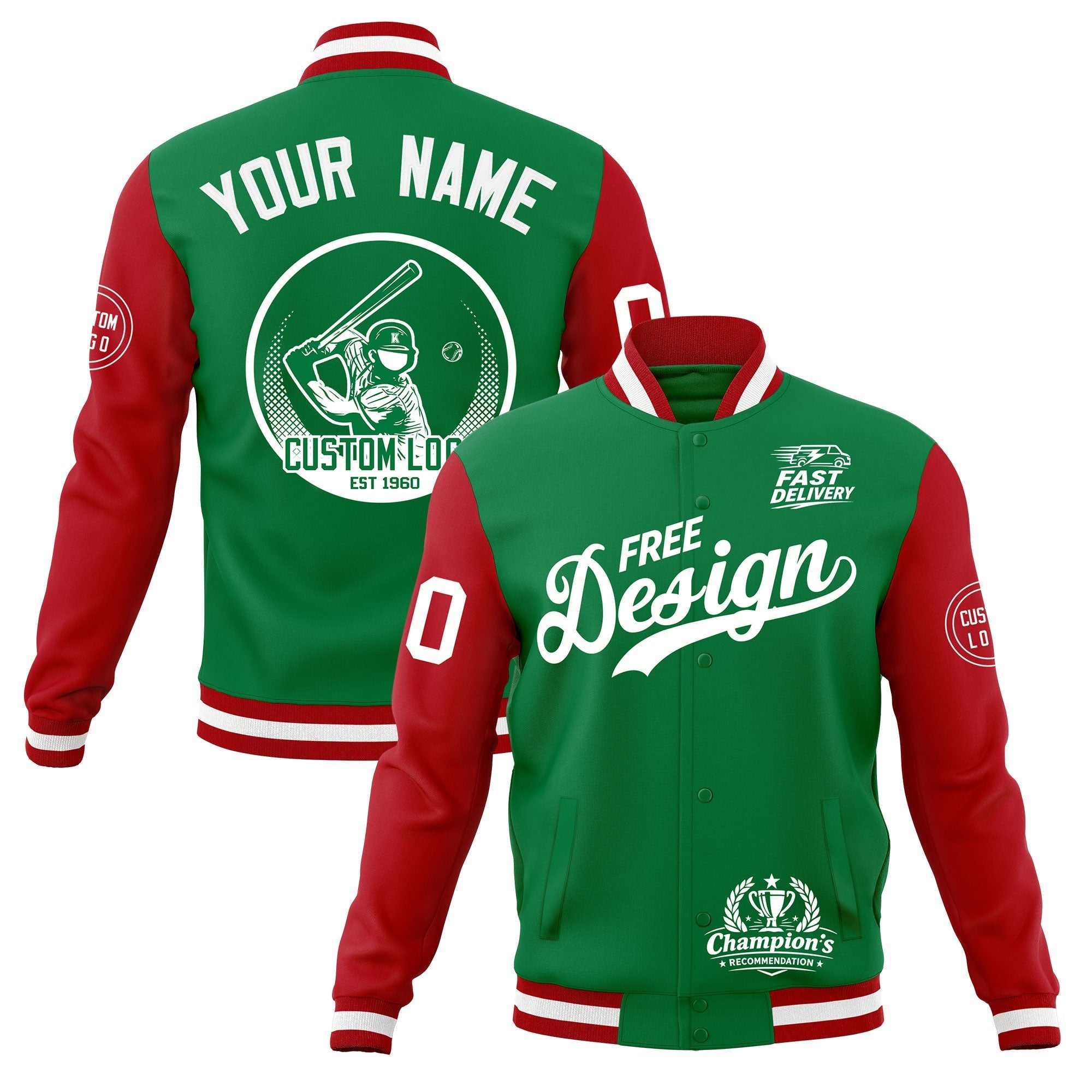 Custom Kelly Green Red White Classic Style Full-Snap Breathable Jacket| KXKSHOP