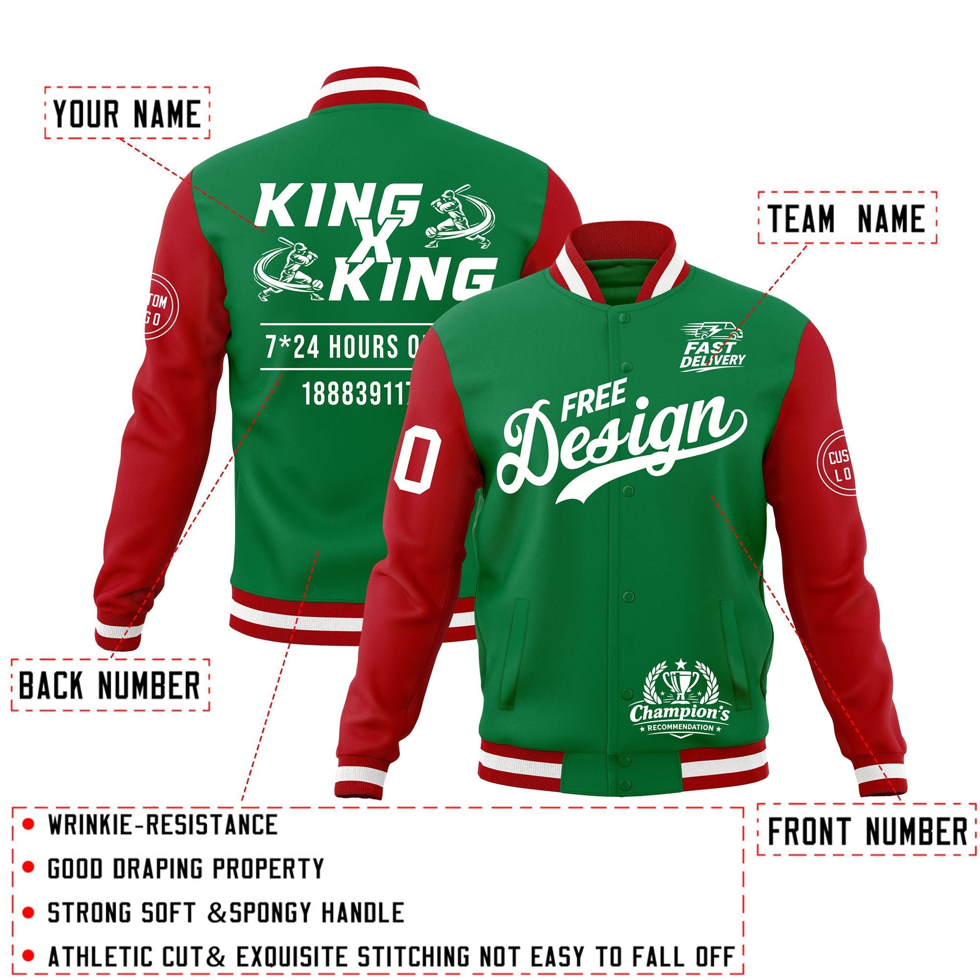 Custom Kelly Green Red White Classic Style Full-Snap Wrinkle-Resistant Jacket| KXKSHOP