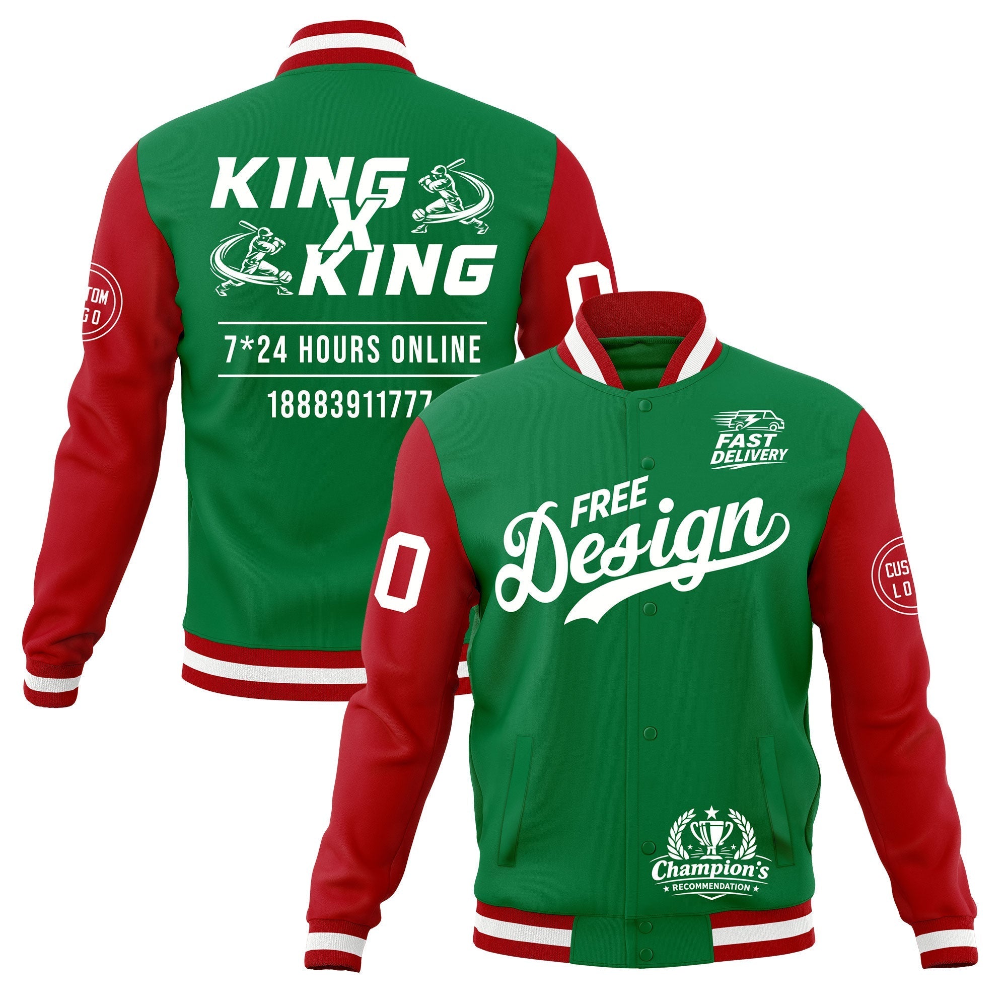Custom Kelly Green Red White Classic Style Full-Snap Wrinkle-Resistant Jacket| KXKSHOP