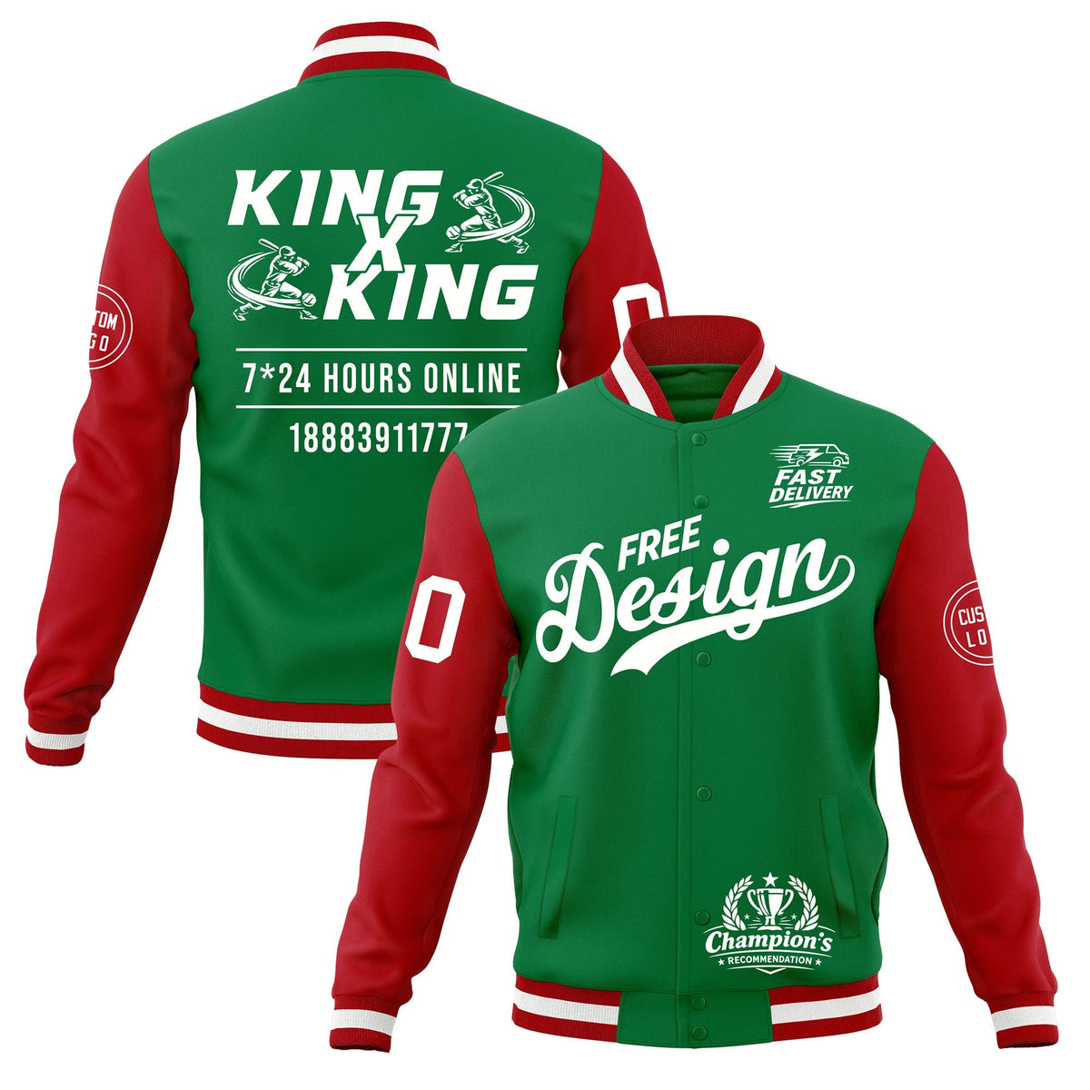 Custom Kelly Green Red White Classic Style Full-Snap Wrinkle-Resistant Jacket| KXKSHOP