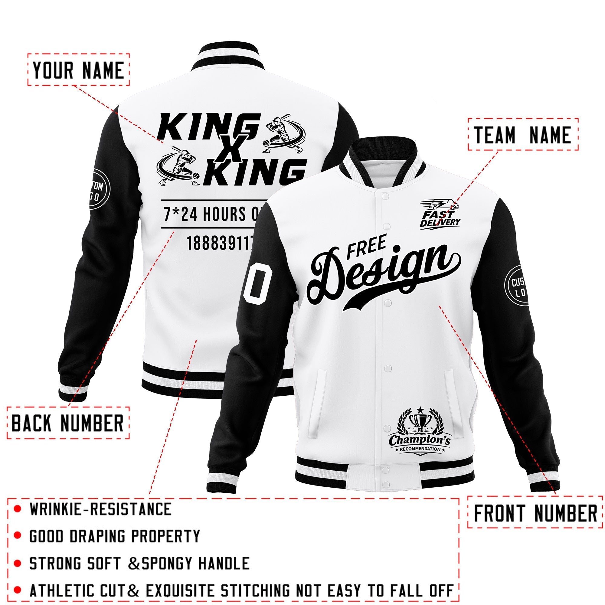 Custom White Black Classic Style Full-Snap Wrinkle-Resistant Jacket| KXKSHOP