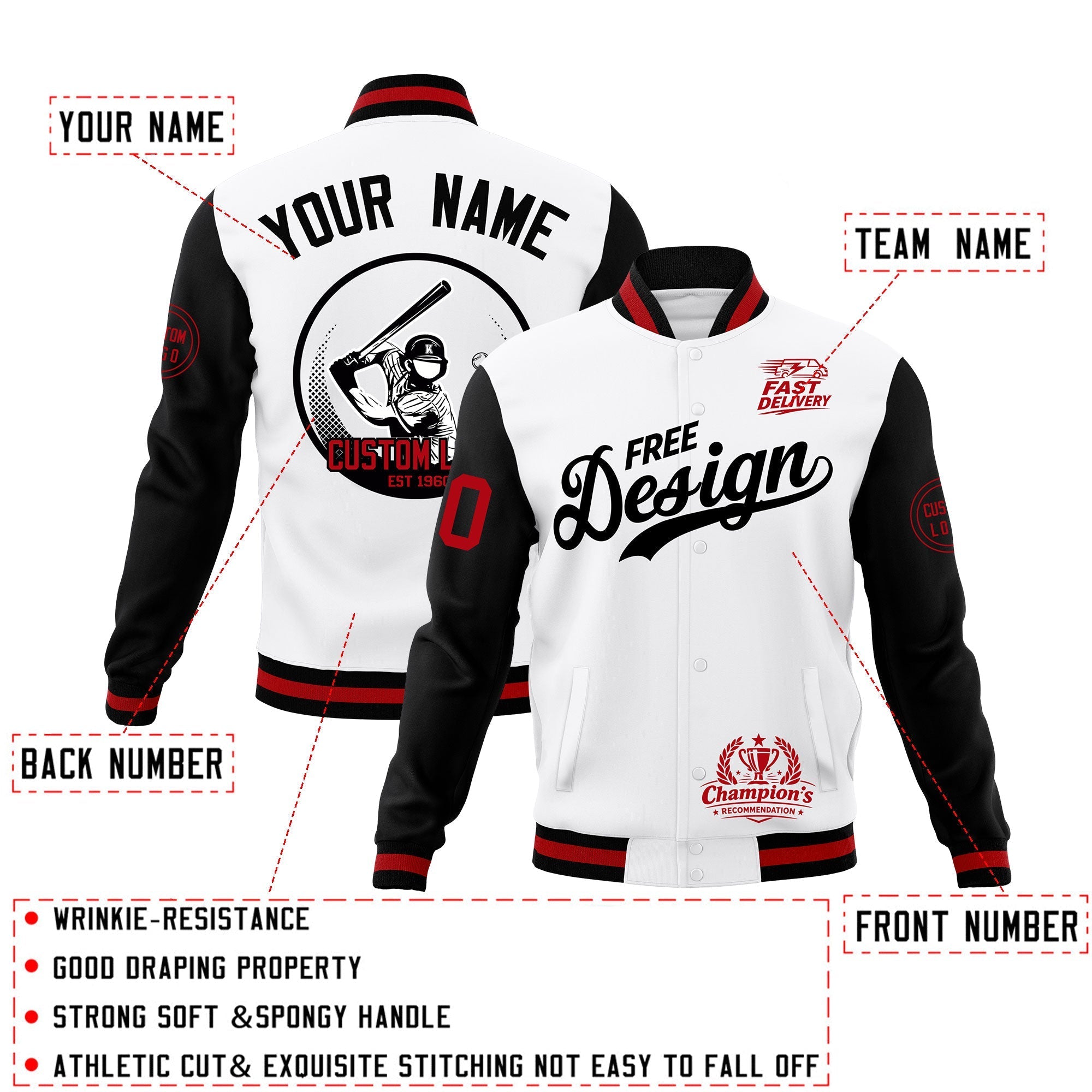 Custom White Black Red Classic Style Full-Snap Breathable Jacket| KXKSHOP