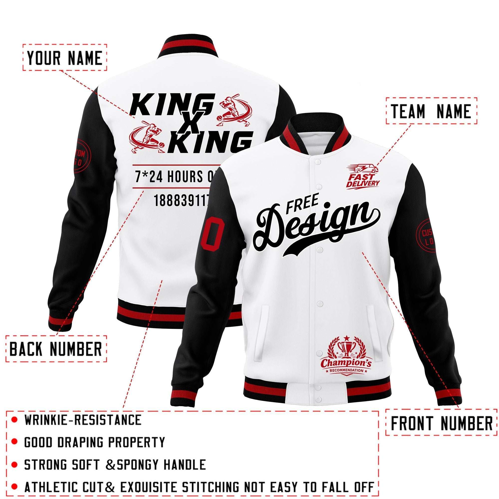 Custom White Black Red Classic Style Full-Snap Wrinkle-Resistant Jacket| KXKSHOP