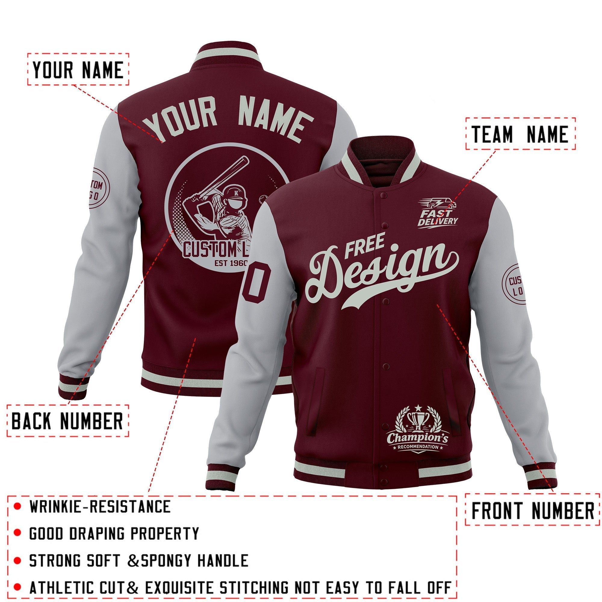 Custom Crimson Gray Classic Style Full-Snap Breathable Jacket| KXKSHOP