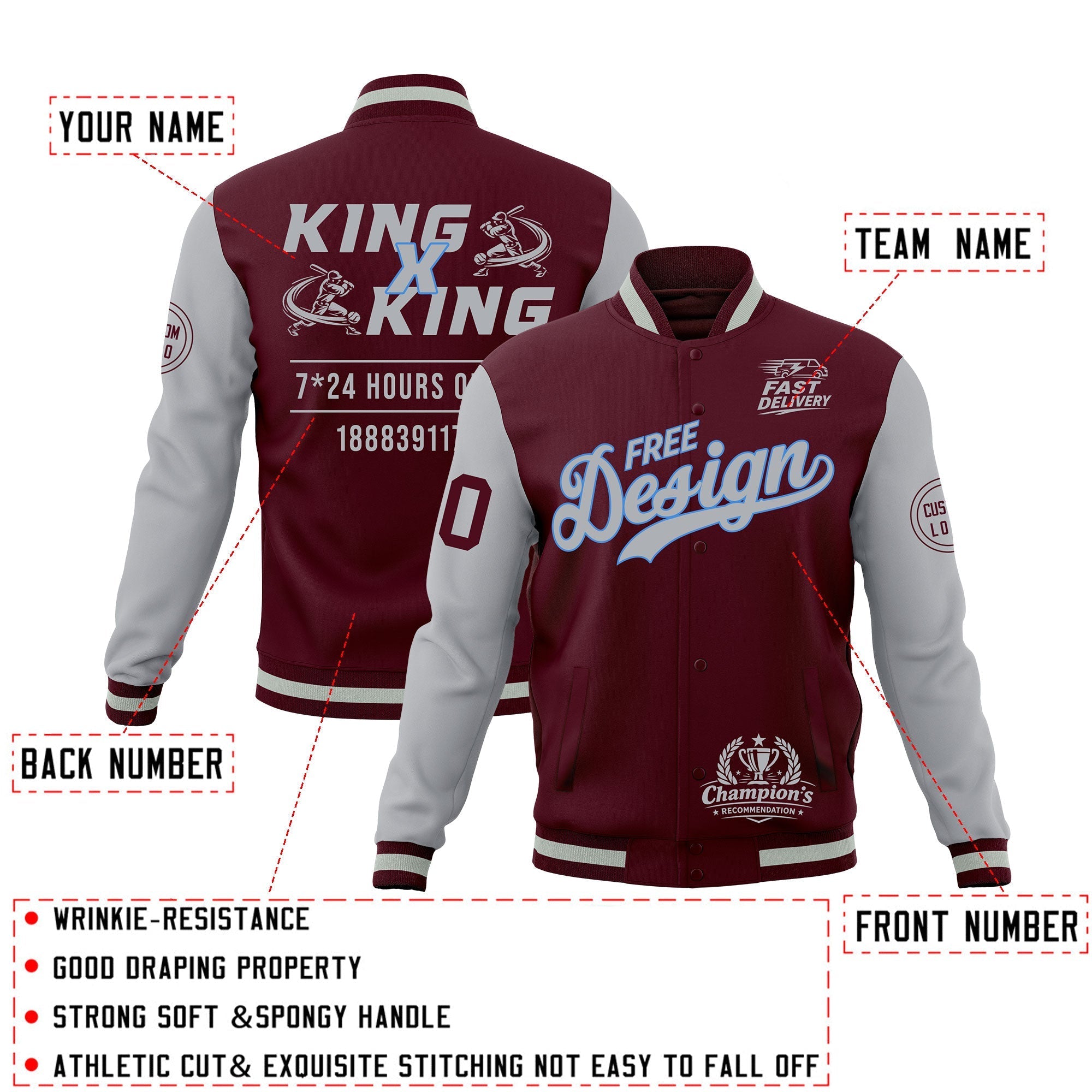 Custom Crimson Gray Classic Style Full-Snap Wrinkle-Resistant Jacket| KXKSHOP