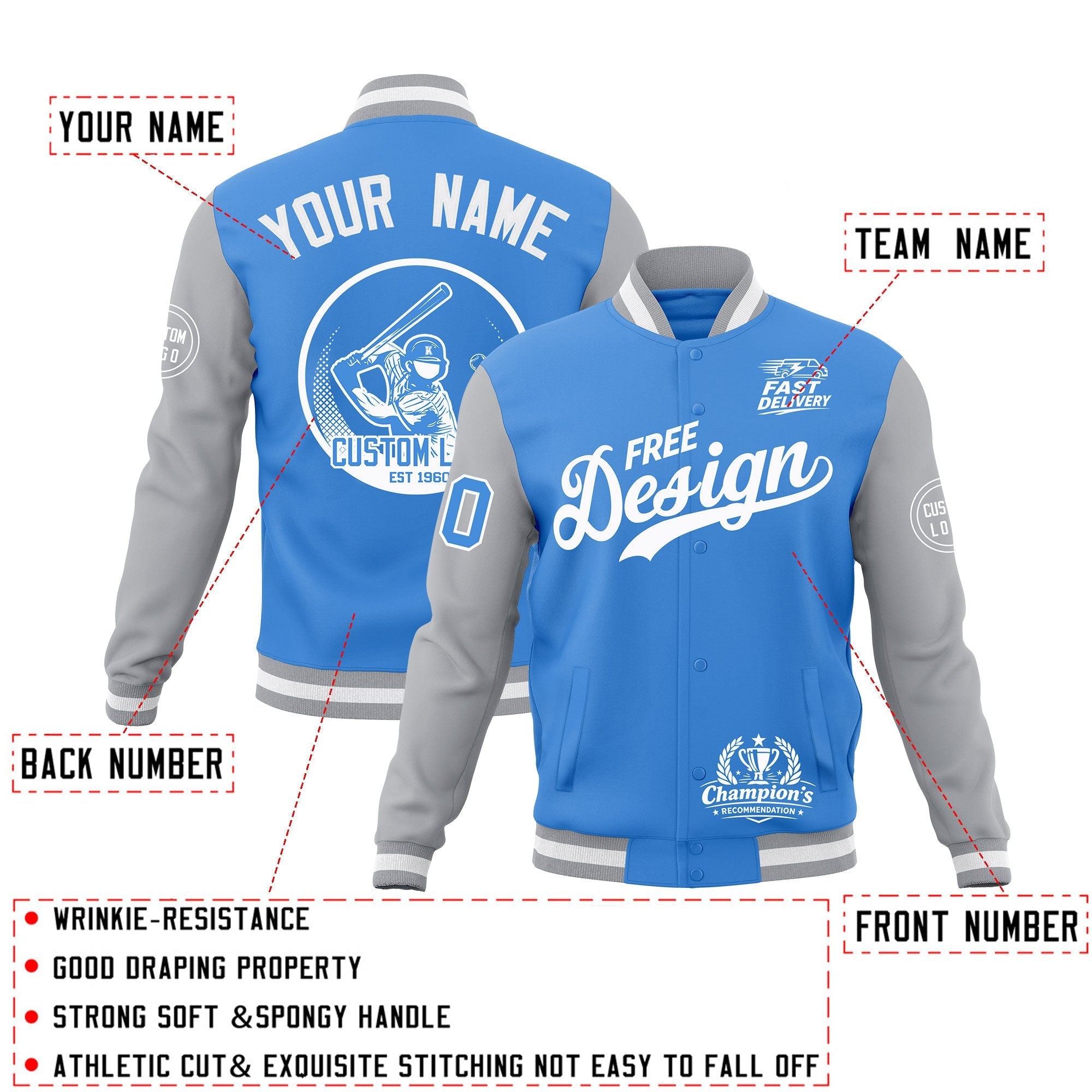 Custom Powder Blue Gray White Classic Style Full-Snap Breathable Jacket| KXKSHOP
