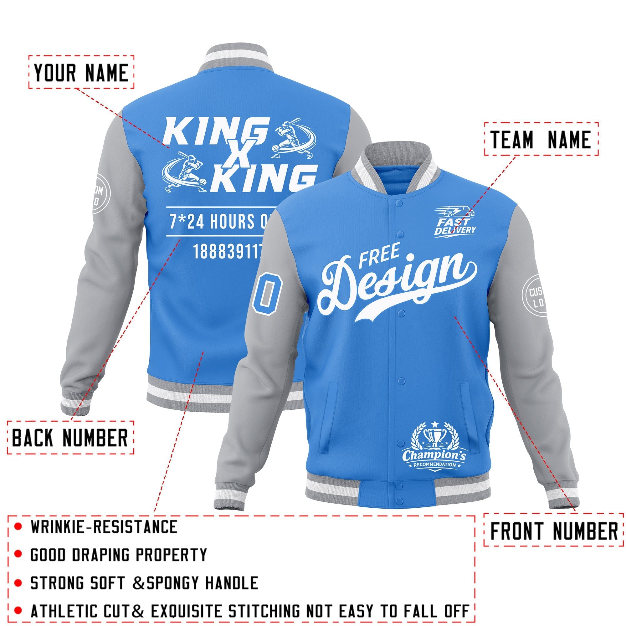 Custom Powder Blue Gray White Classic Style Full-Snap Wrinkle-Resistant Jacket| KXKSHOP