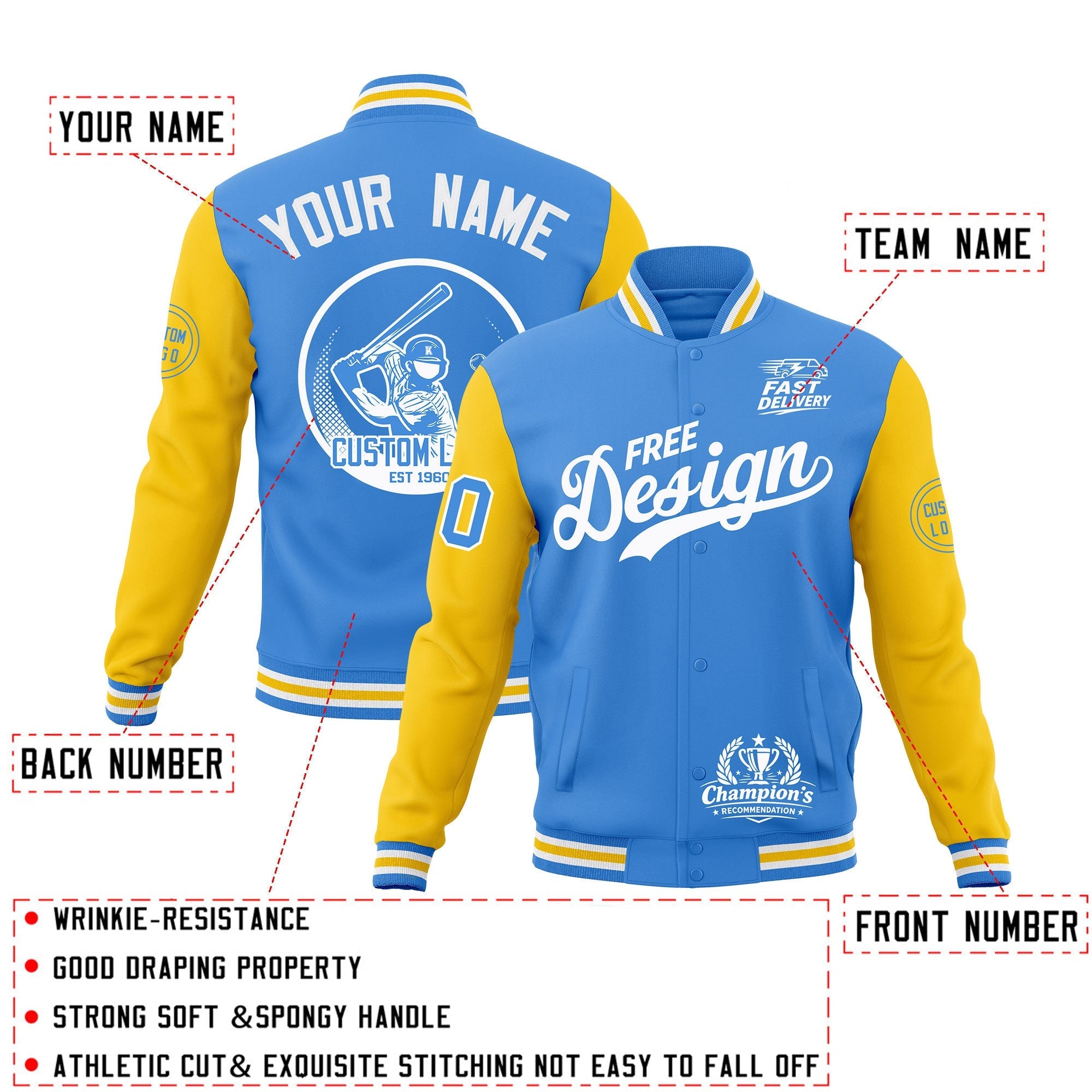 Custom Powder Blue Light Blue White Classic Style Full-Snap Breathable Jacket| KXKSHOP