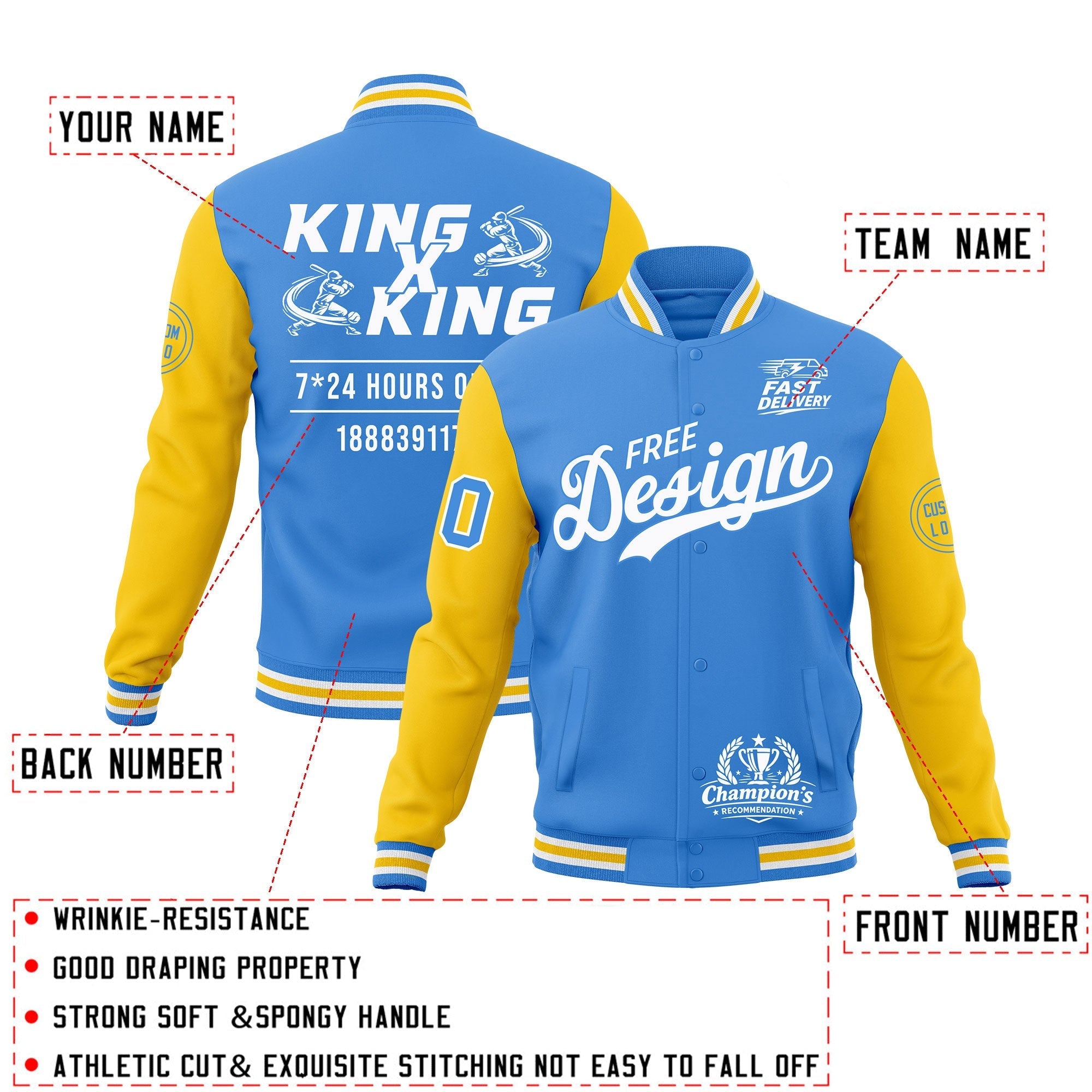 Custom Powder Blue Light Blue White Classic Style Full-Snap Wrinkle-Resistant Jacket| KXKSHOP