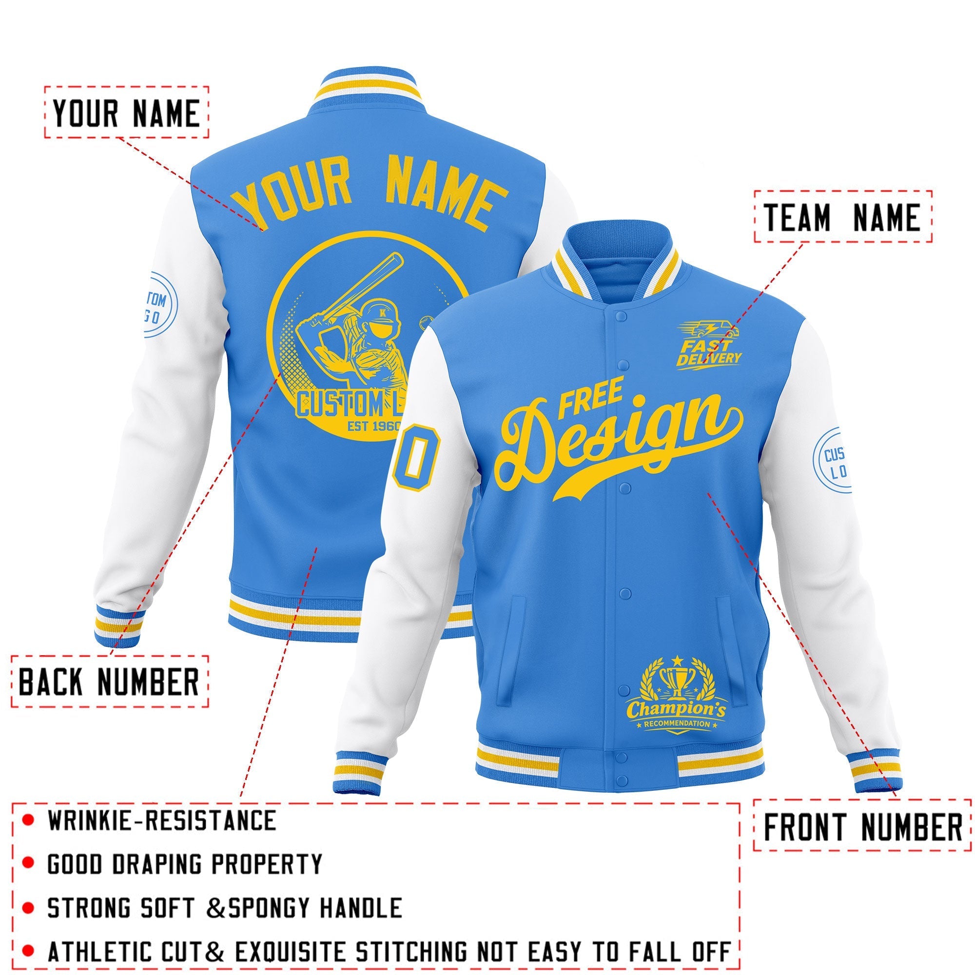 Custom Powder Blue Light Blue White Classic Style Full-Snap Breathable Jacket| KXKSHOP