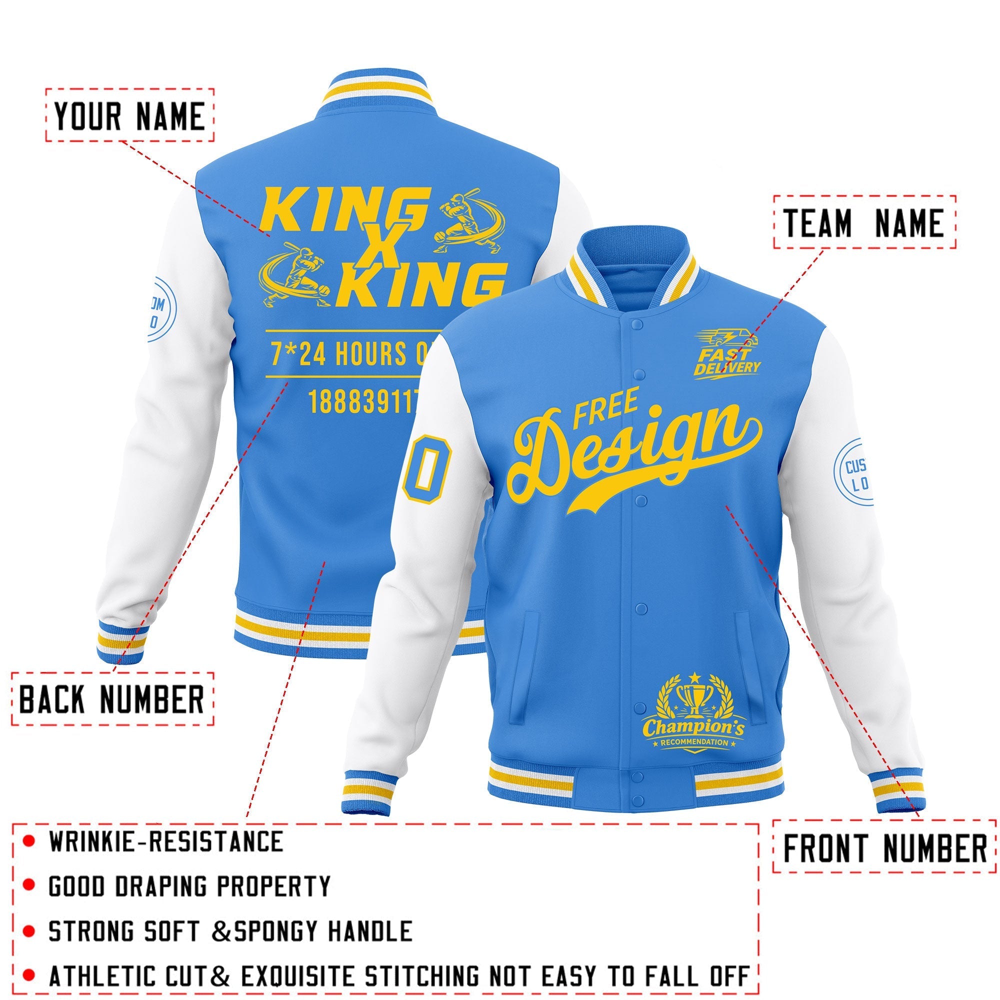 Custom Powder Blue Light Blue White Classic Style Full-Snap Wrinkle-Resistant Jacket| KXKSHOP