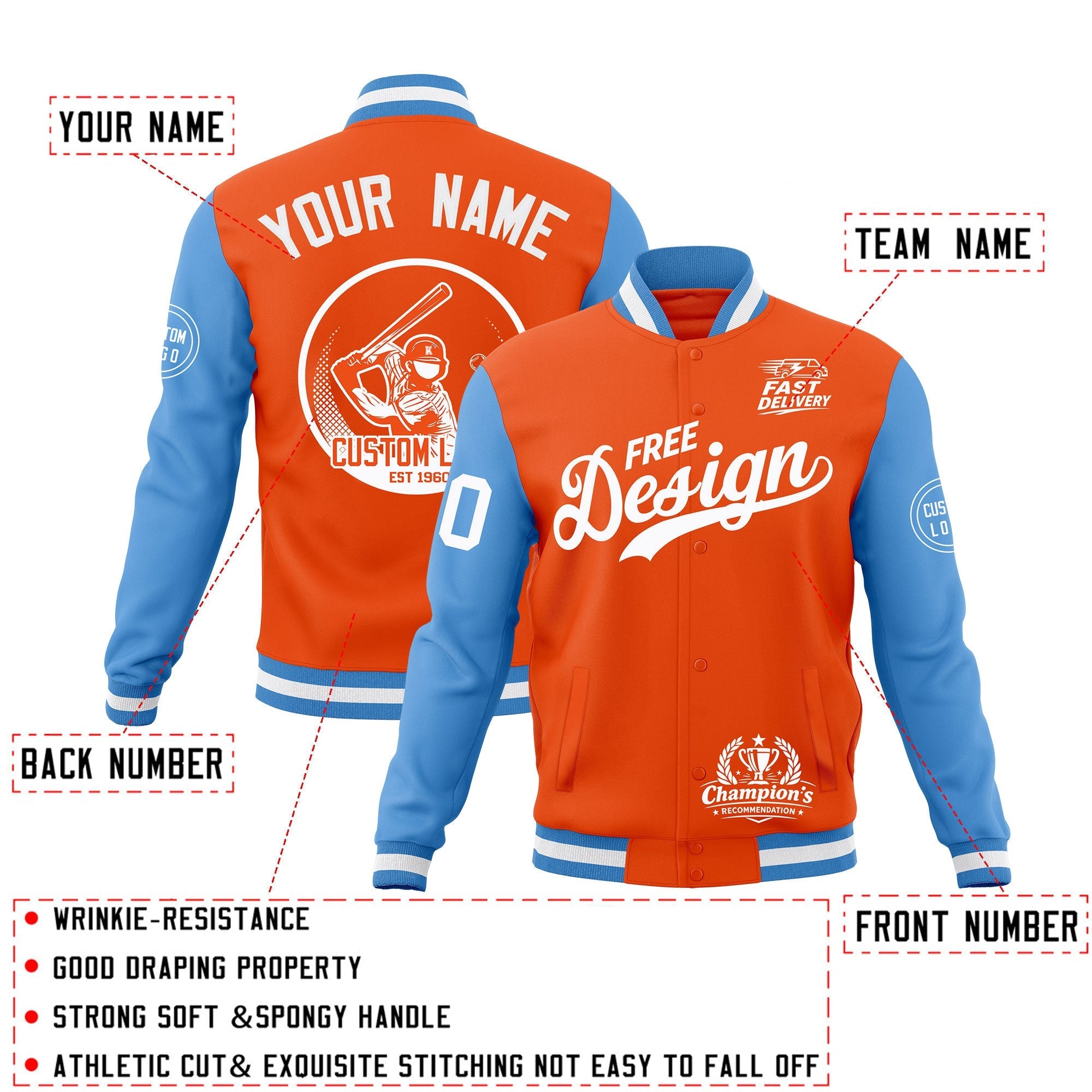 Custom Orange Light Blue White Classic Style Full-Snap Breathable Jacket| KXKSHOP