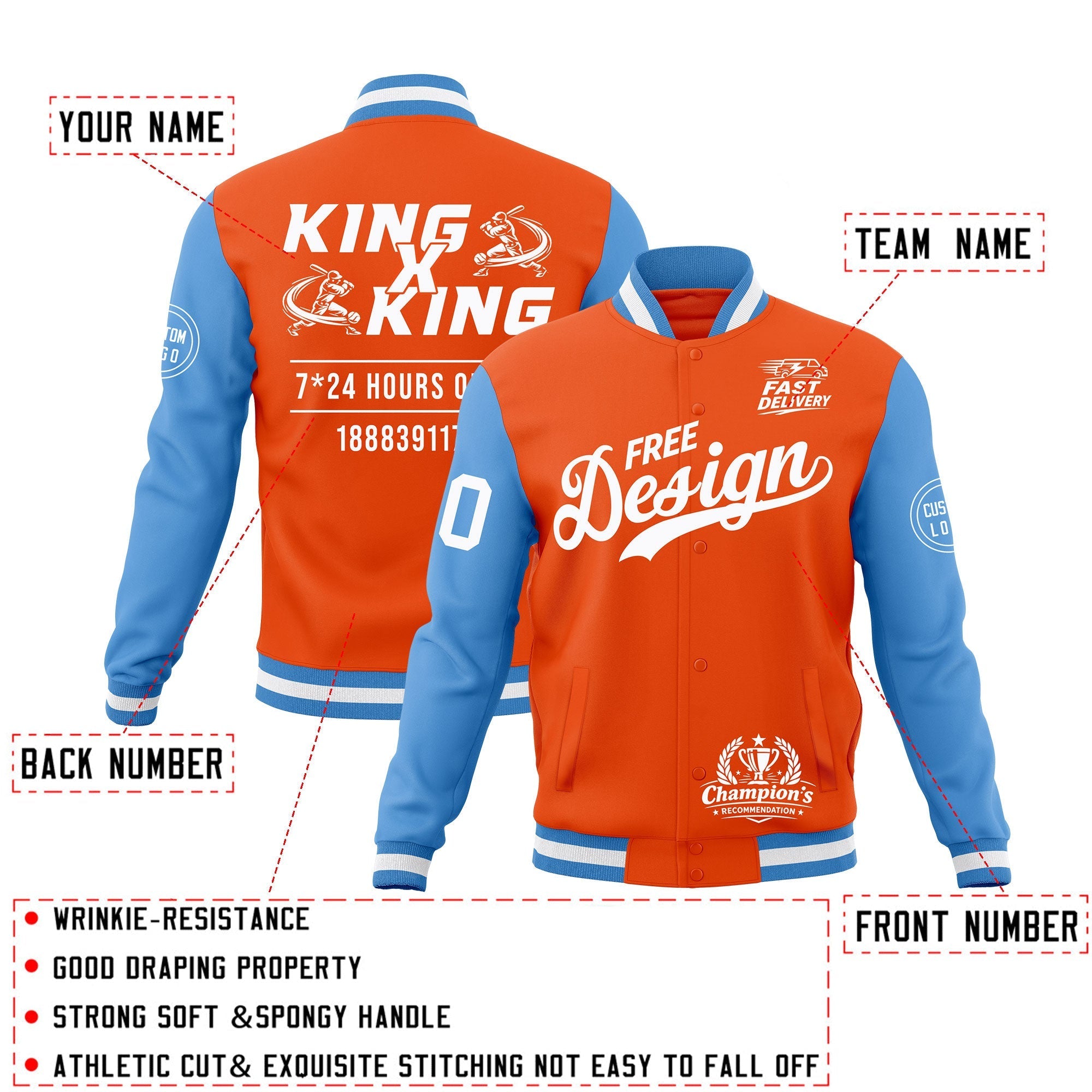 Custom Orange Light Blue White Classic Style Full-Snap Wrinkle-Resistant Jacket| KXKSHOP