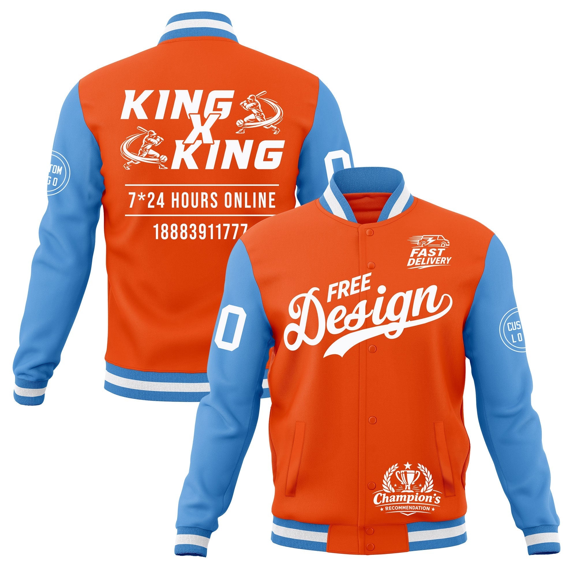 Custom Orange Light Blue White Classic Style Full-Snap Wrinkle-Resistant Jacket| KXKSHOP