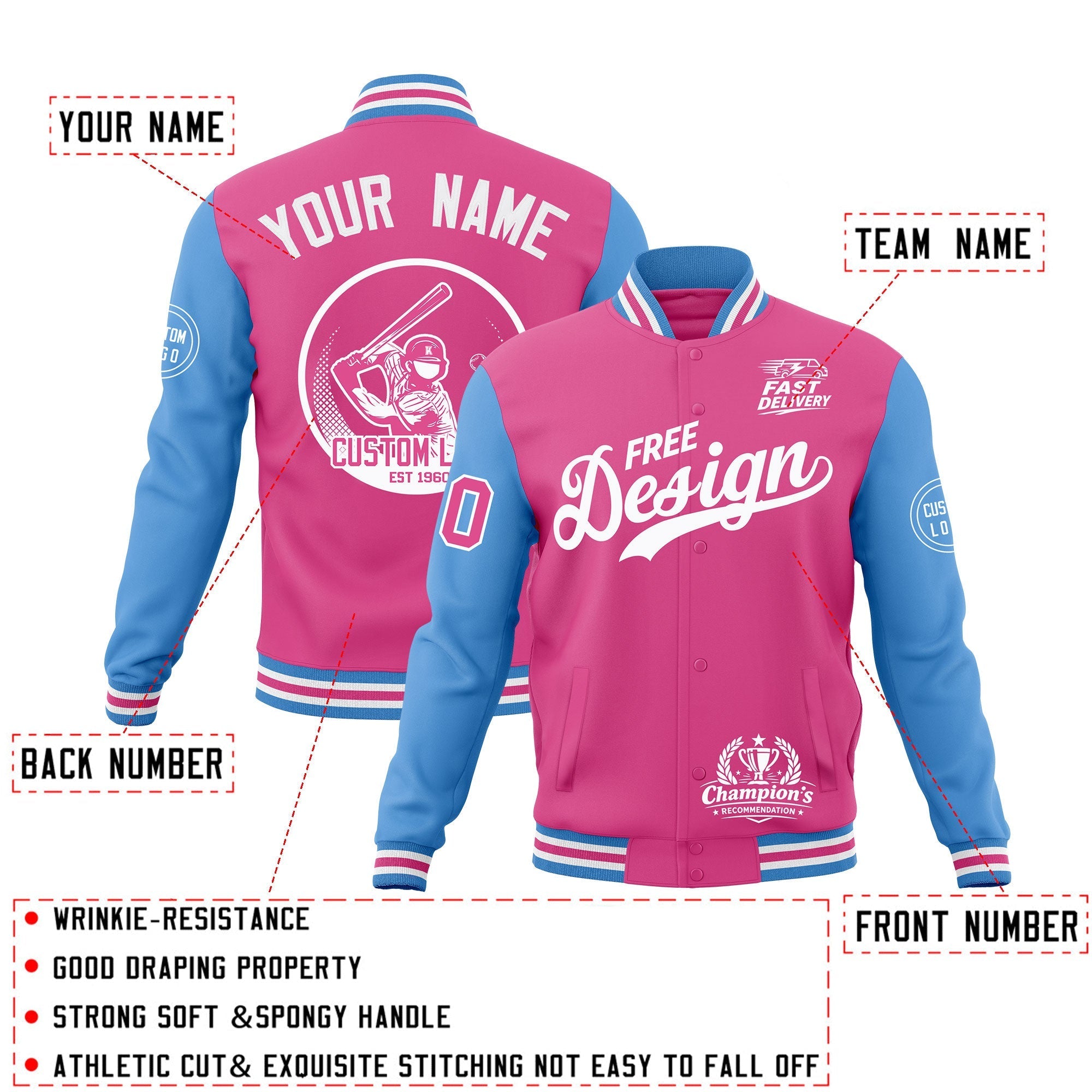 Custom Pink Light Blue White Classic Style Full-Snap Breathable Jacket| KXKSHOP