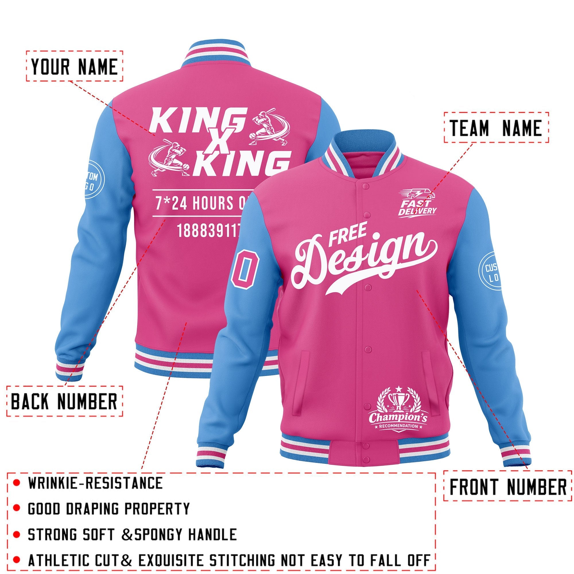 Custom Pink Light Blue White Classic Style Full-Snap Wrinkle-Resistant Jacket| KXKSHOP