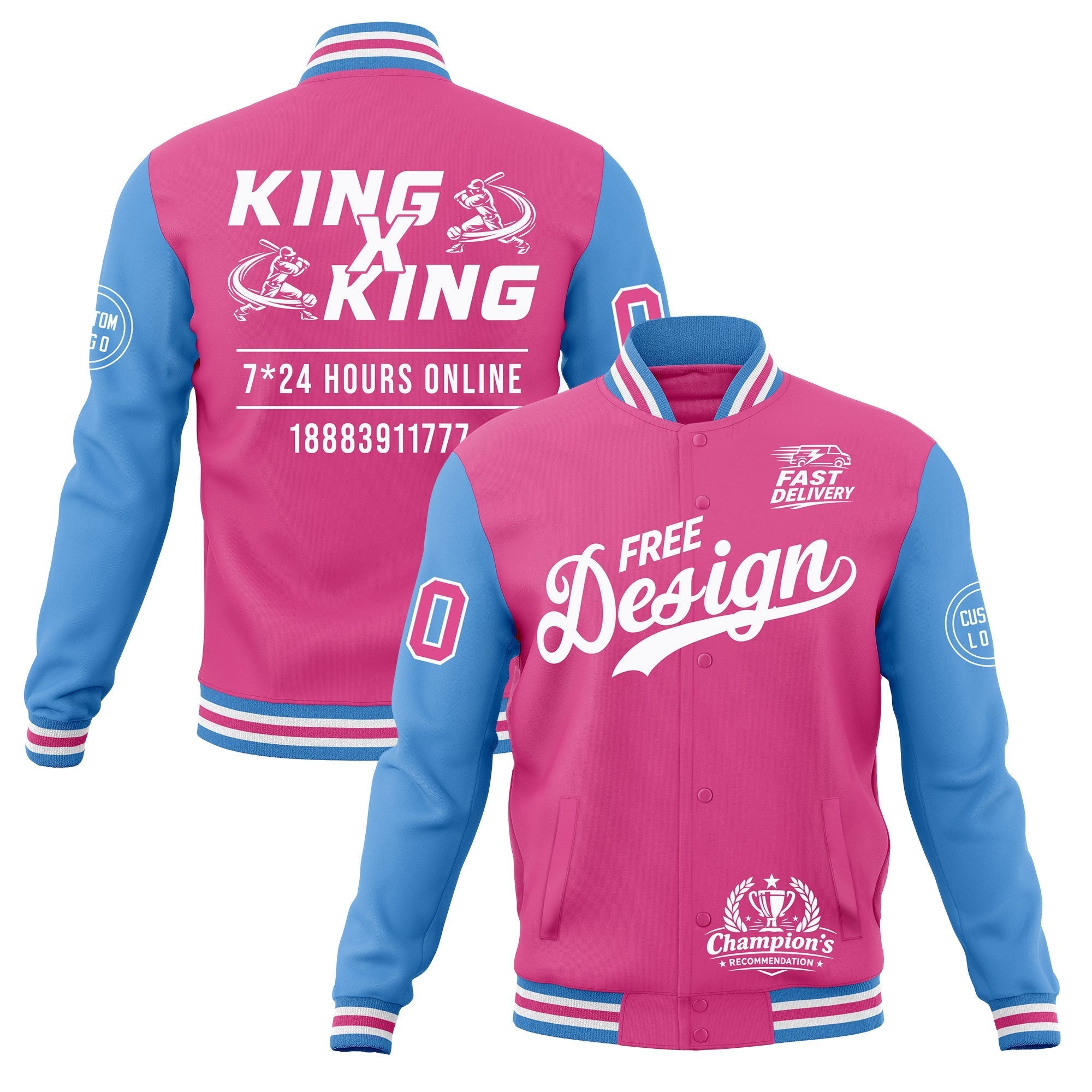 Custom Pink Light Blue White Classic Style Full-Snap Wrinkle-Resistant Jacket| KXKSHOP