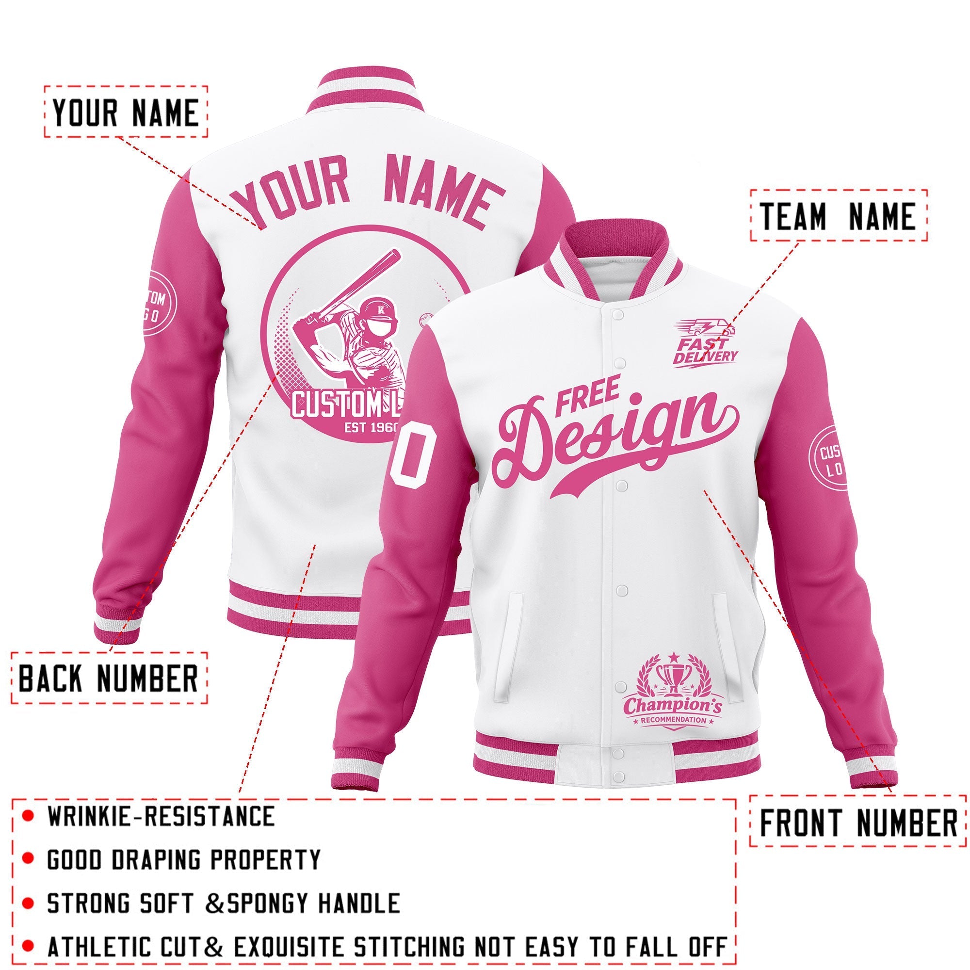 Custom White Pink Classic Style Full-Snap Breathable Jacket| KXKSHOP