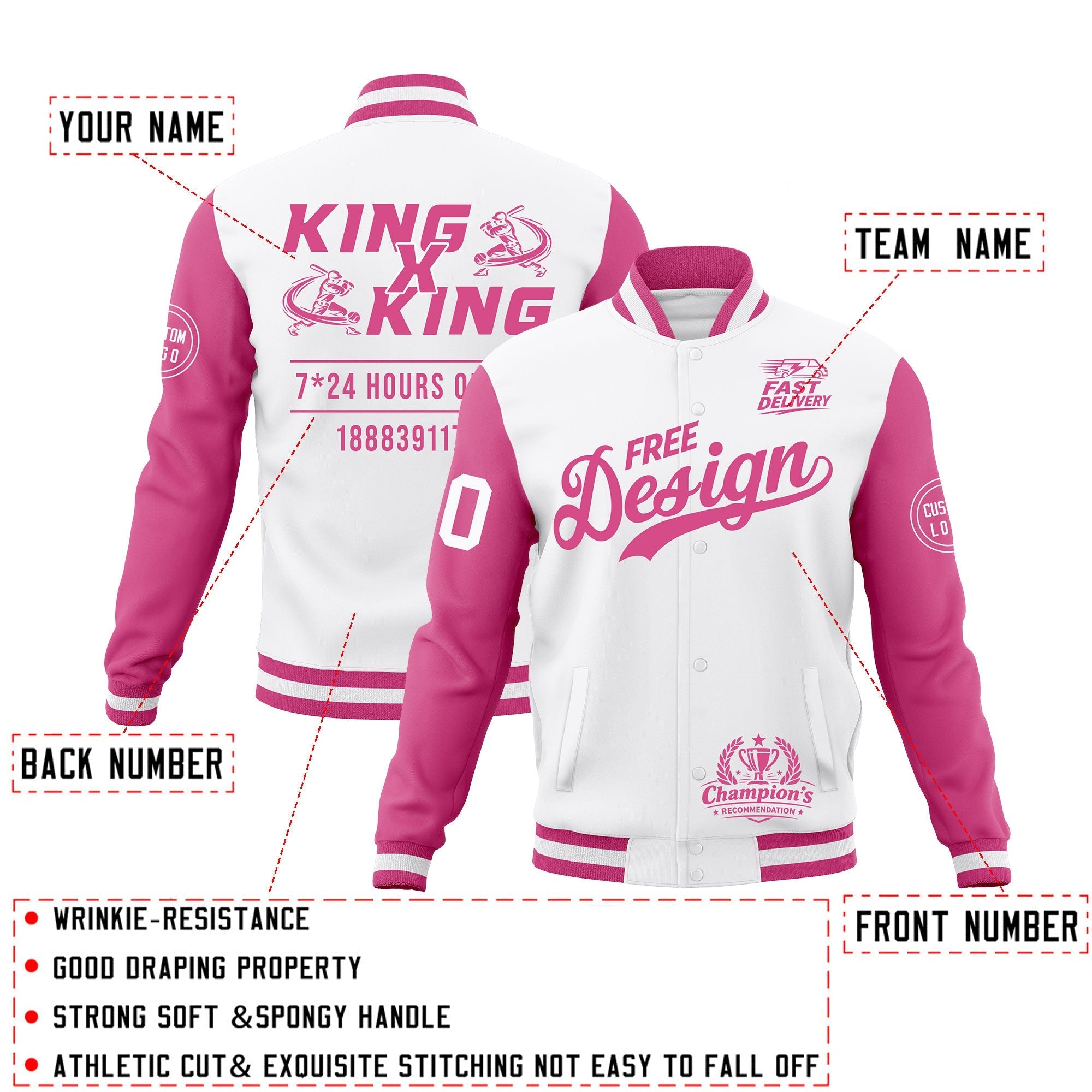 Custom White Pink Classic Style Full-Snap Wrinkle-Resistant Jacket| KXKSHOP