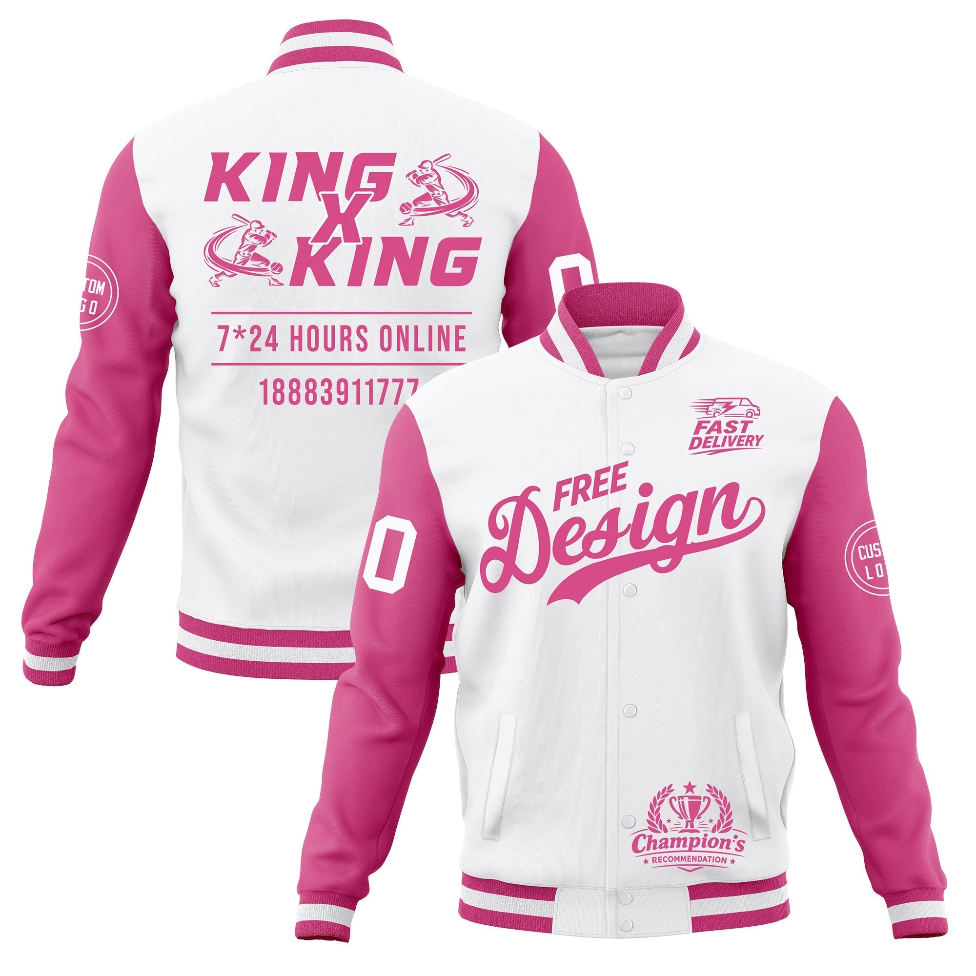 Custom White Pink Classic Style Full-Snap Wrinkle-Resistant Jacket| KXKSHOP