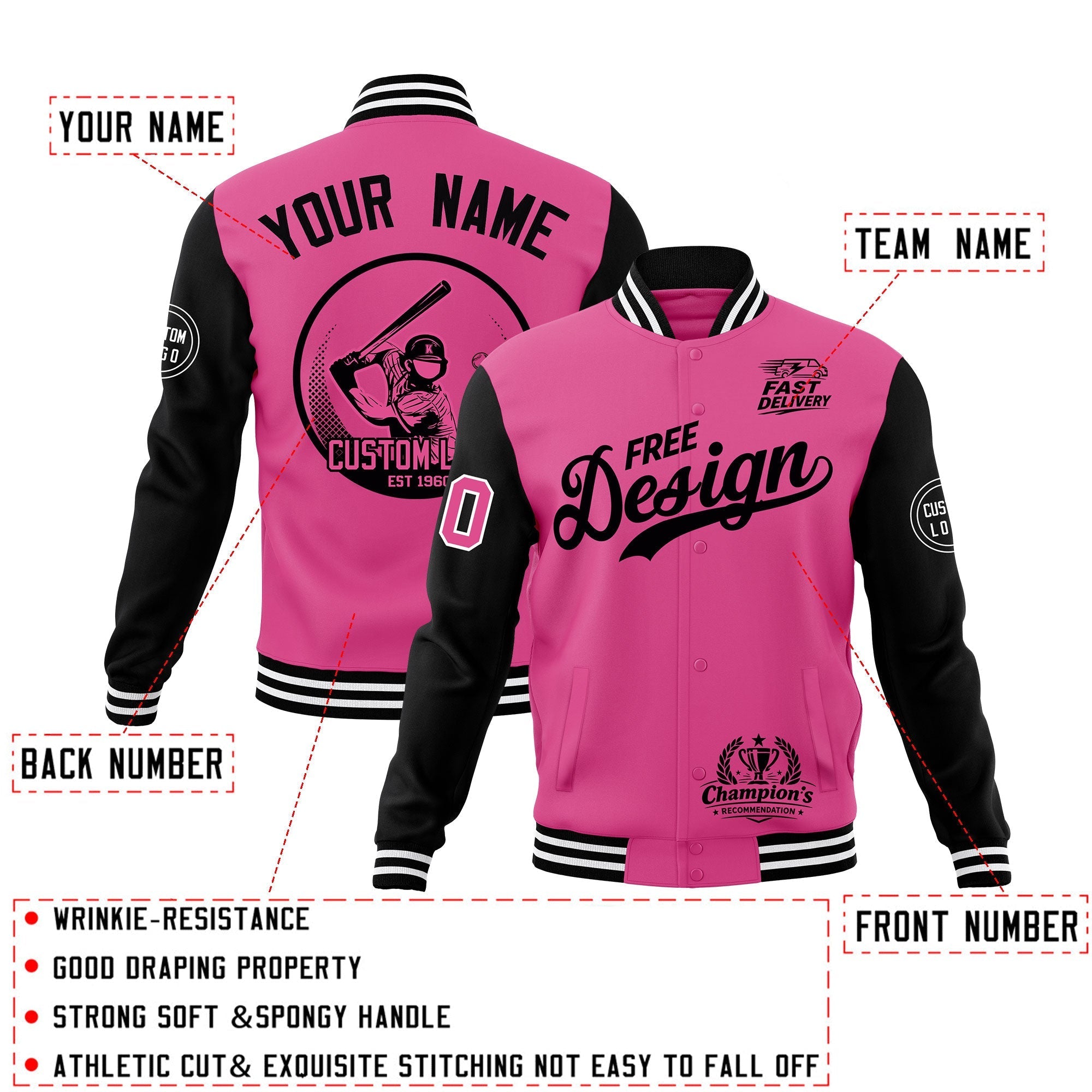 Custom Pink Black White Classic Style Full-Snap Breathable Jacket| KXKSHOP