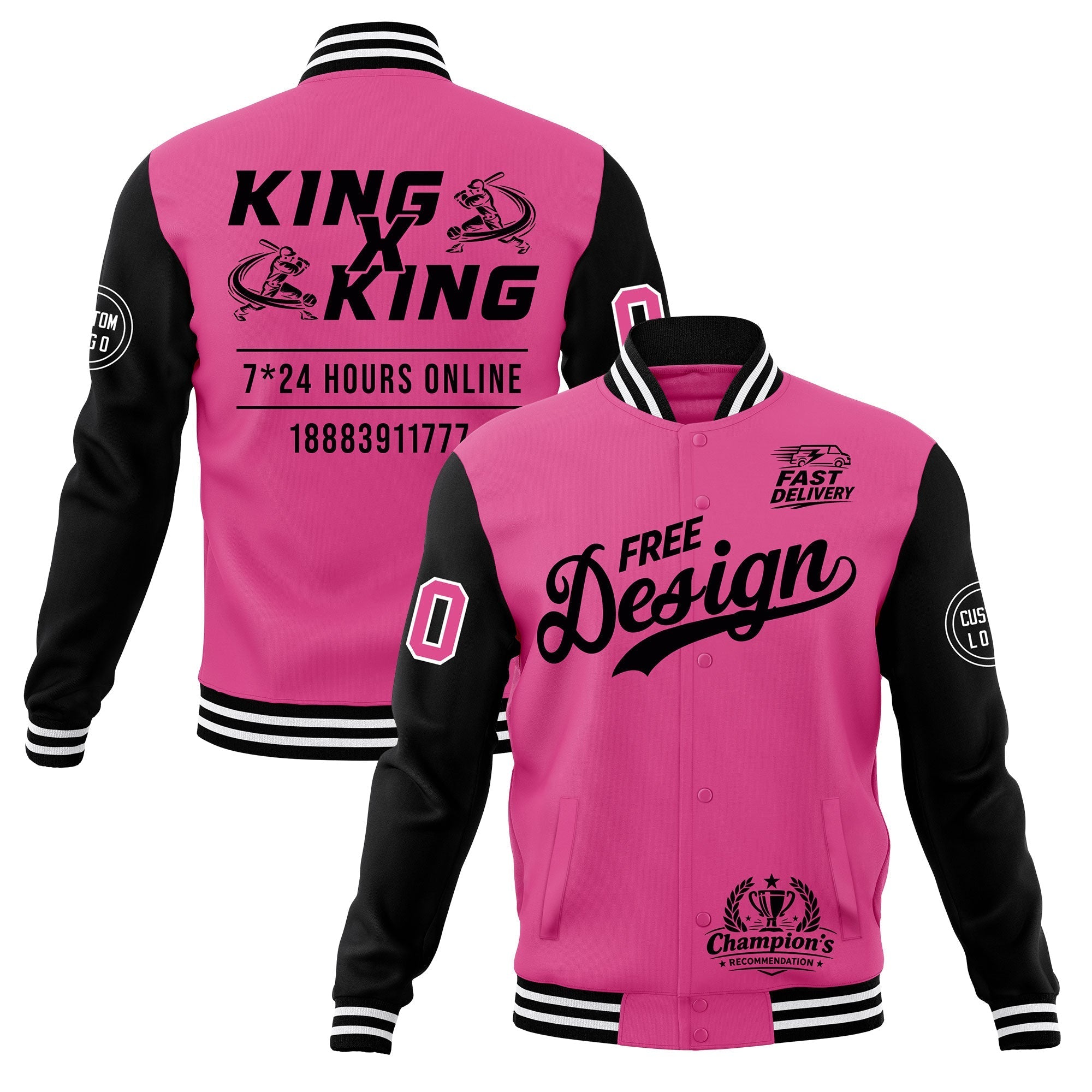 Custom Pink Black White Classic Style Full-Snap Wrinkle-Resistant Jacket| KXKSHOP
