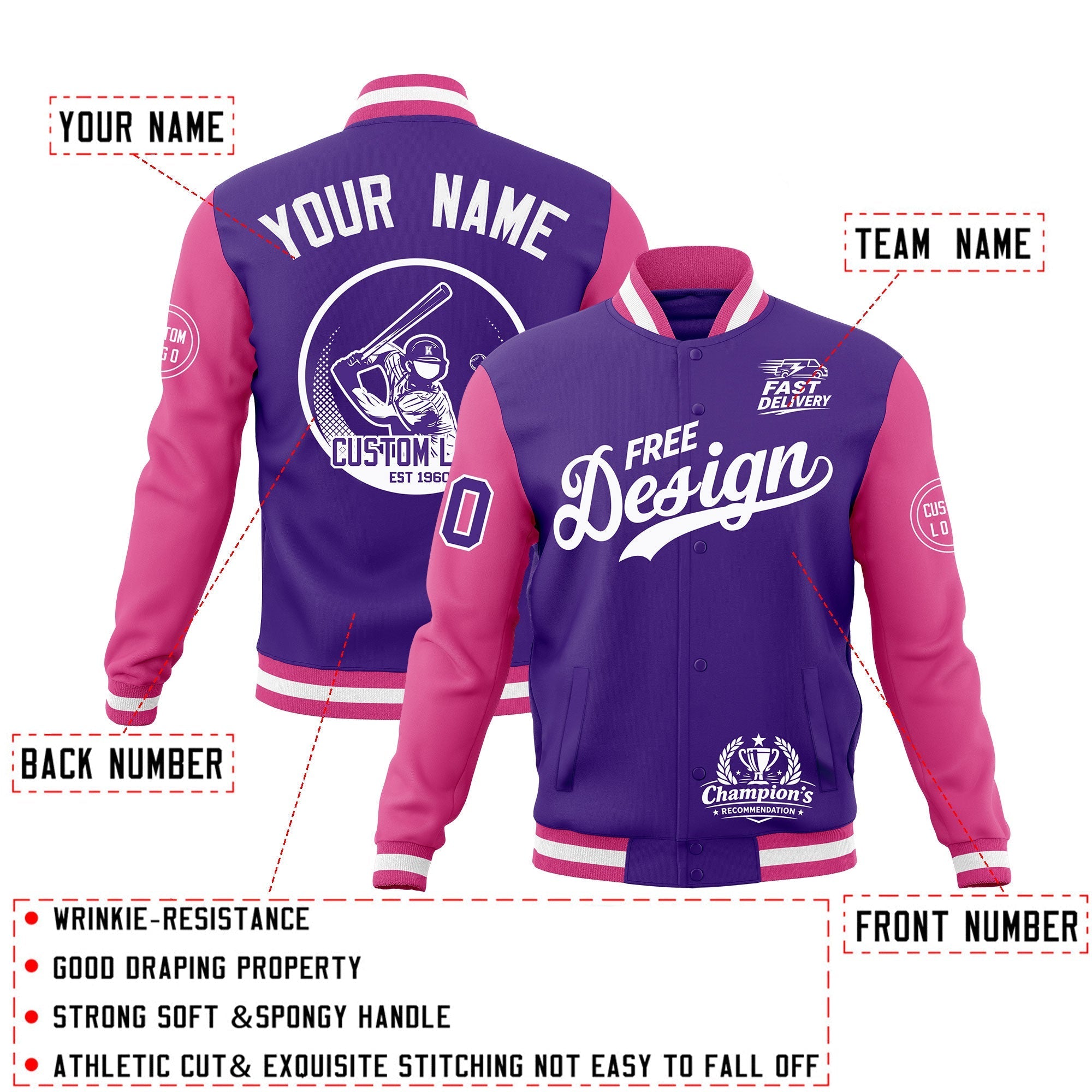 Custom Purple Pink White Classic Style Full-Snap Breathable Jacket| KXKSHOP