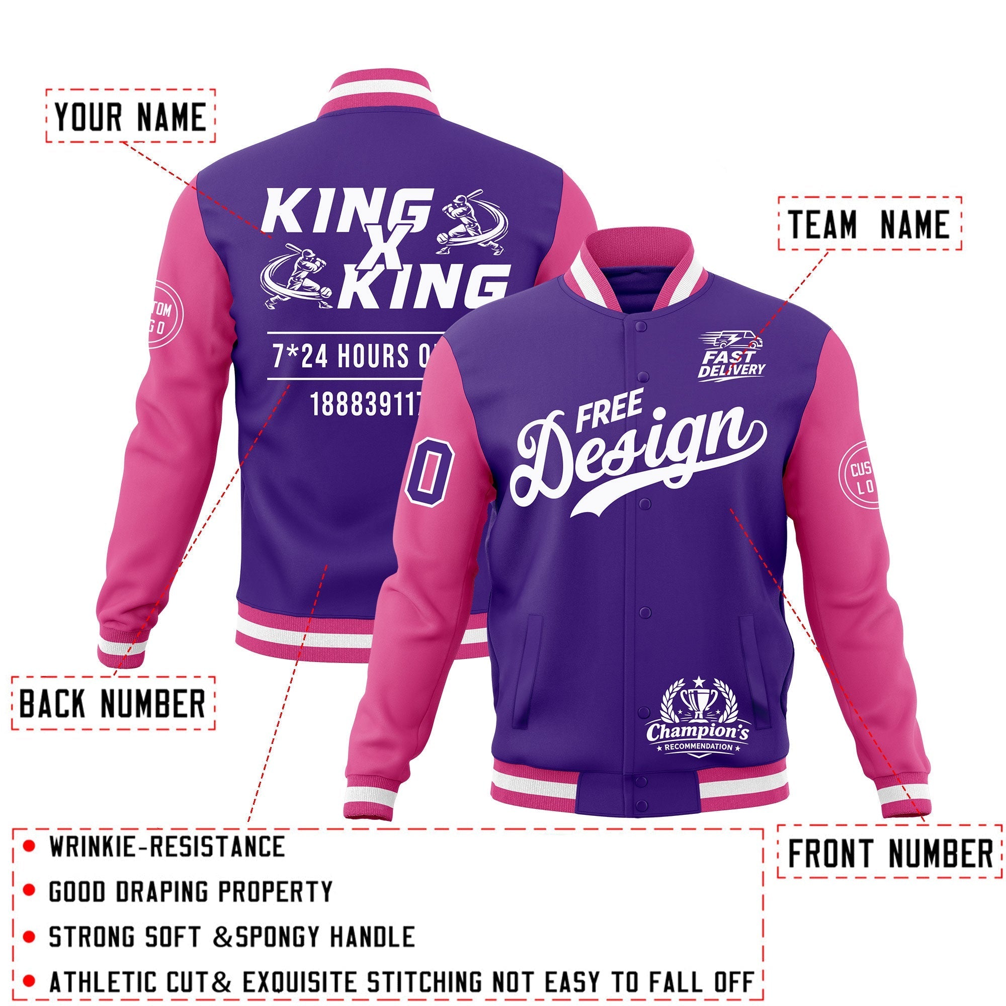 Custom Purple Pink White Classic Style Full-Snap Wrinkle-Resistant Jacket| KXKSHOP