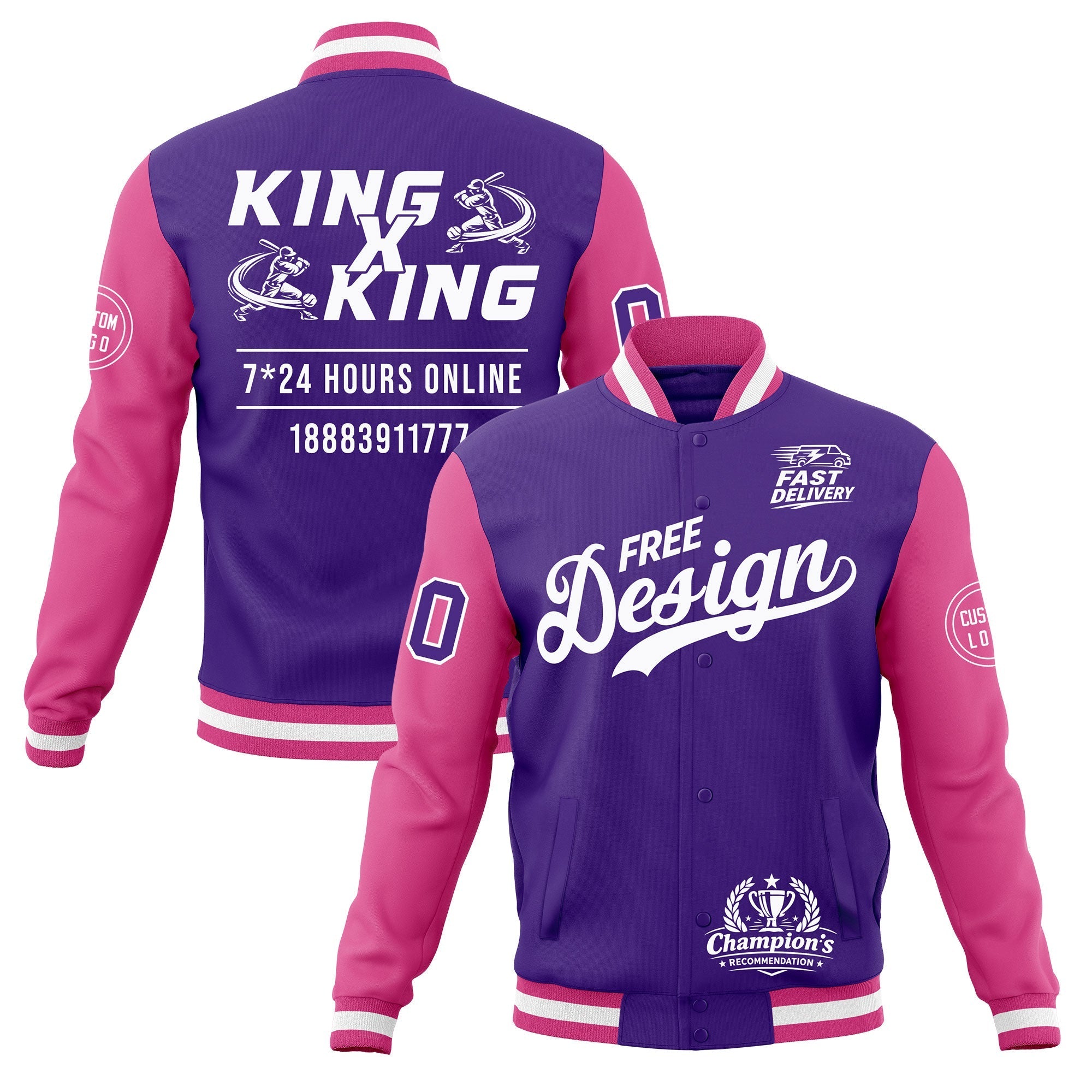 Custom Purple Pink White Classic Style Full-Snap Wrinkle-Resistant Jacket| KXKSHOP